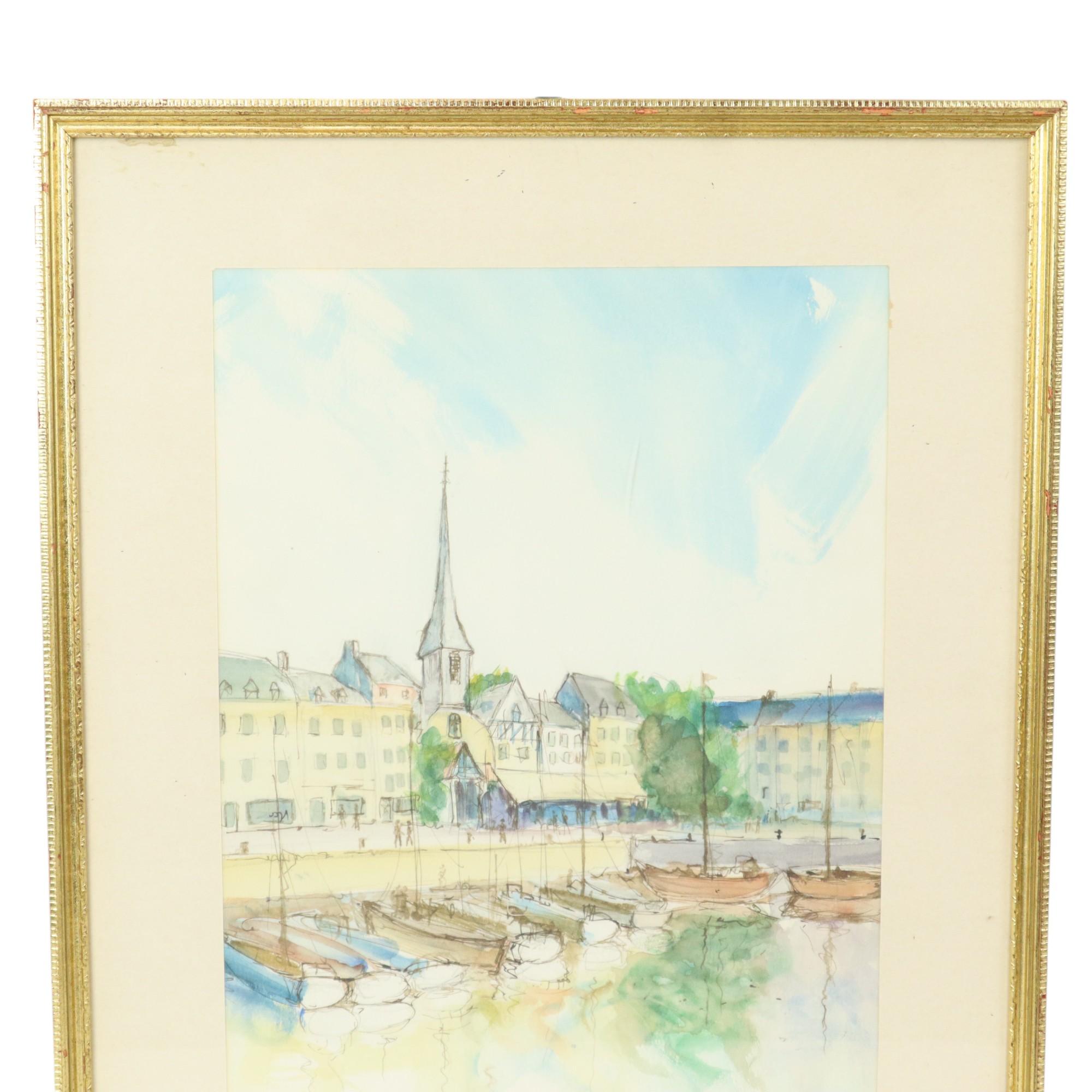 Vieux tableau de charme, aquarelle d'une ville portuaire française, encadré dans un élégant cadre doré avec façade acrylique, signé et daté en bas à gauche, Jean Carlier 1989, France. Belle peinture d'amateur avec de belles couleurs douces.

En bon