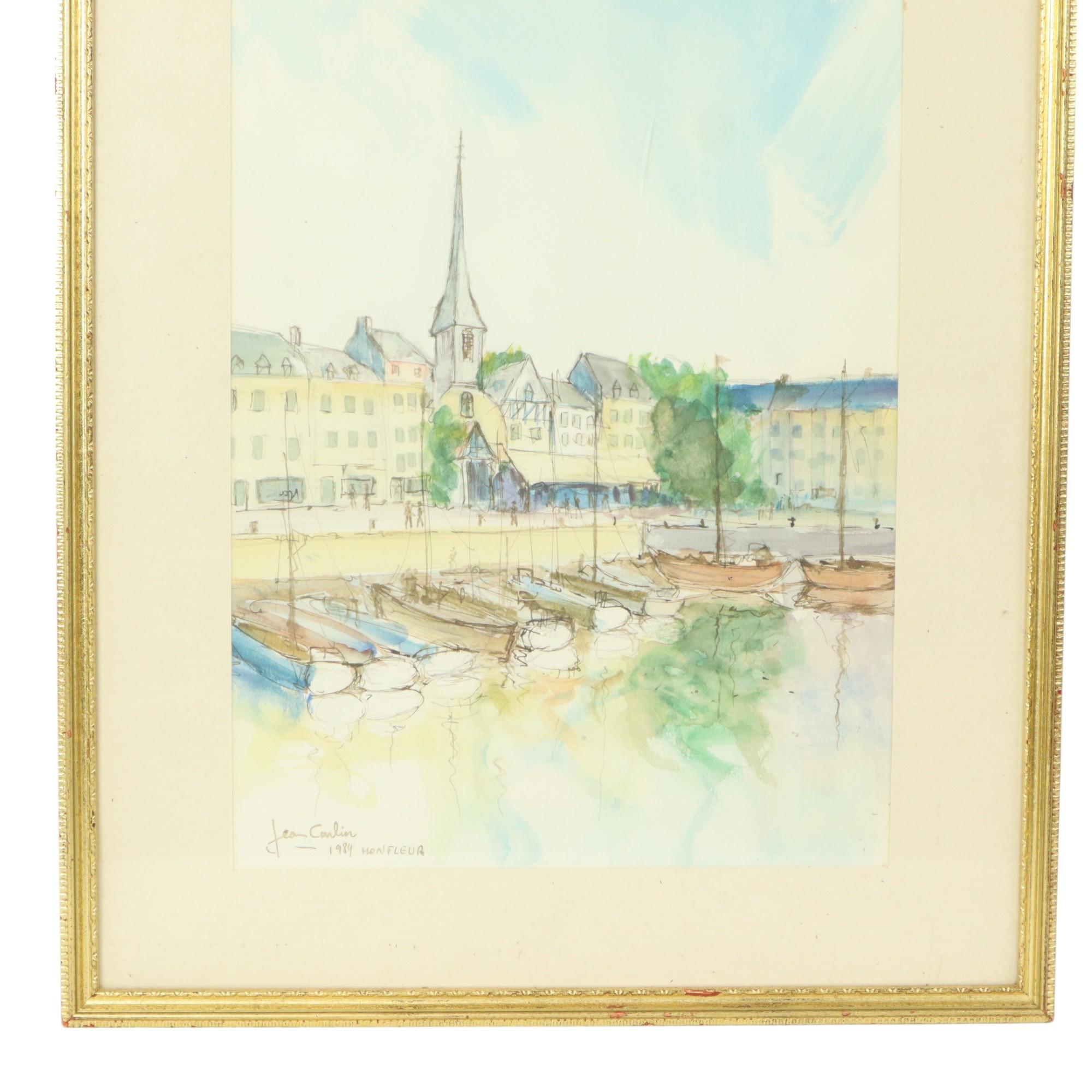 Français Charmante peinture à l'aquarelle Carlier 1989 Honfleur France en vente