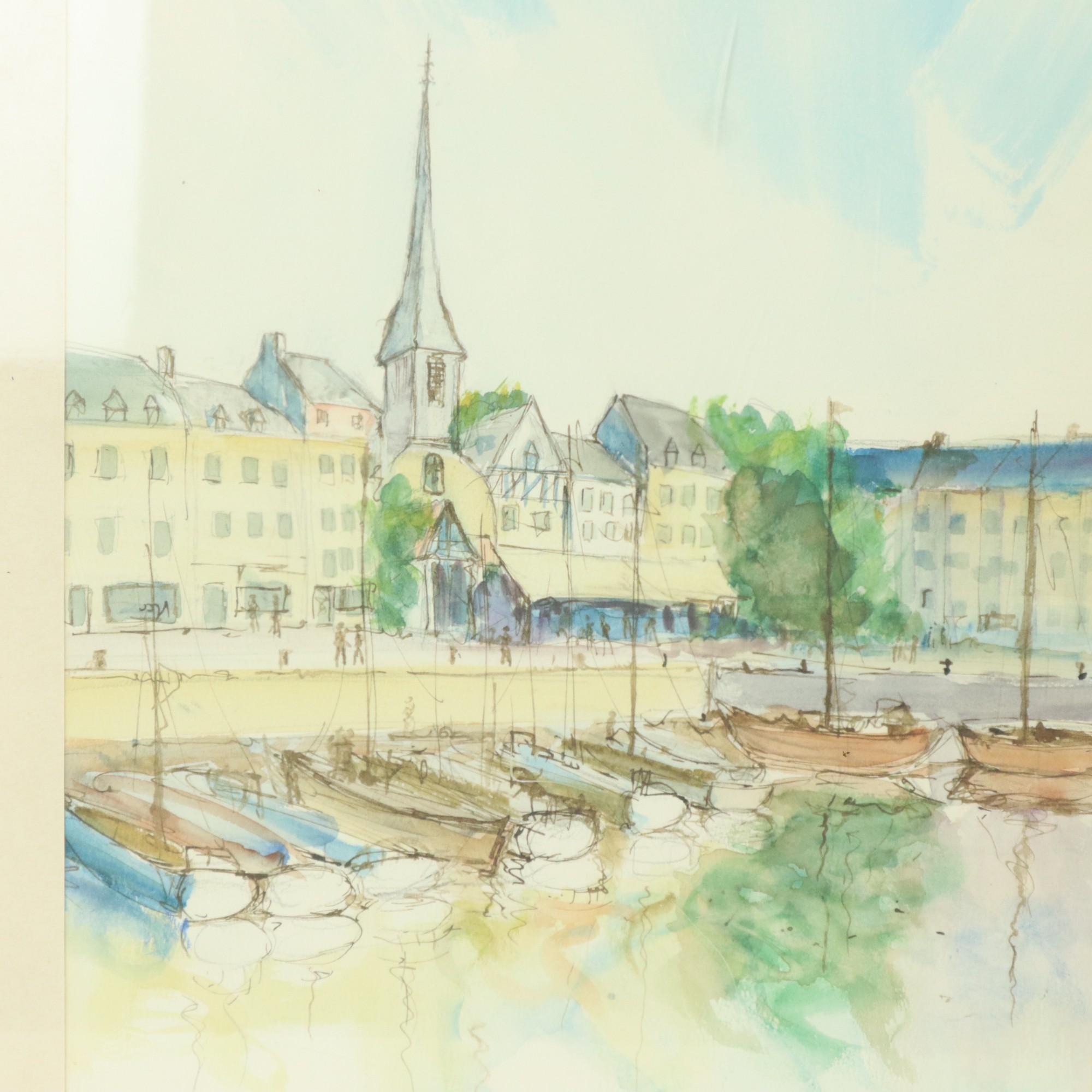 Charmante peinture à l'aquarelle Carlier 1989 Honfleur France Bon état - En vente à Poperinge, BE