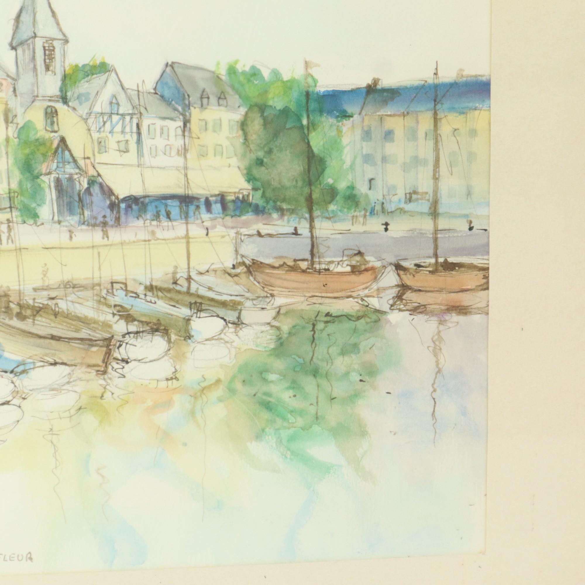 Acrylique Charmante peinture à l'aquarelle Carlier 1989 Honfleur France en vente