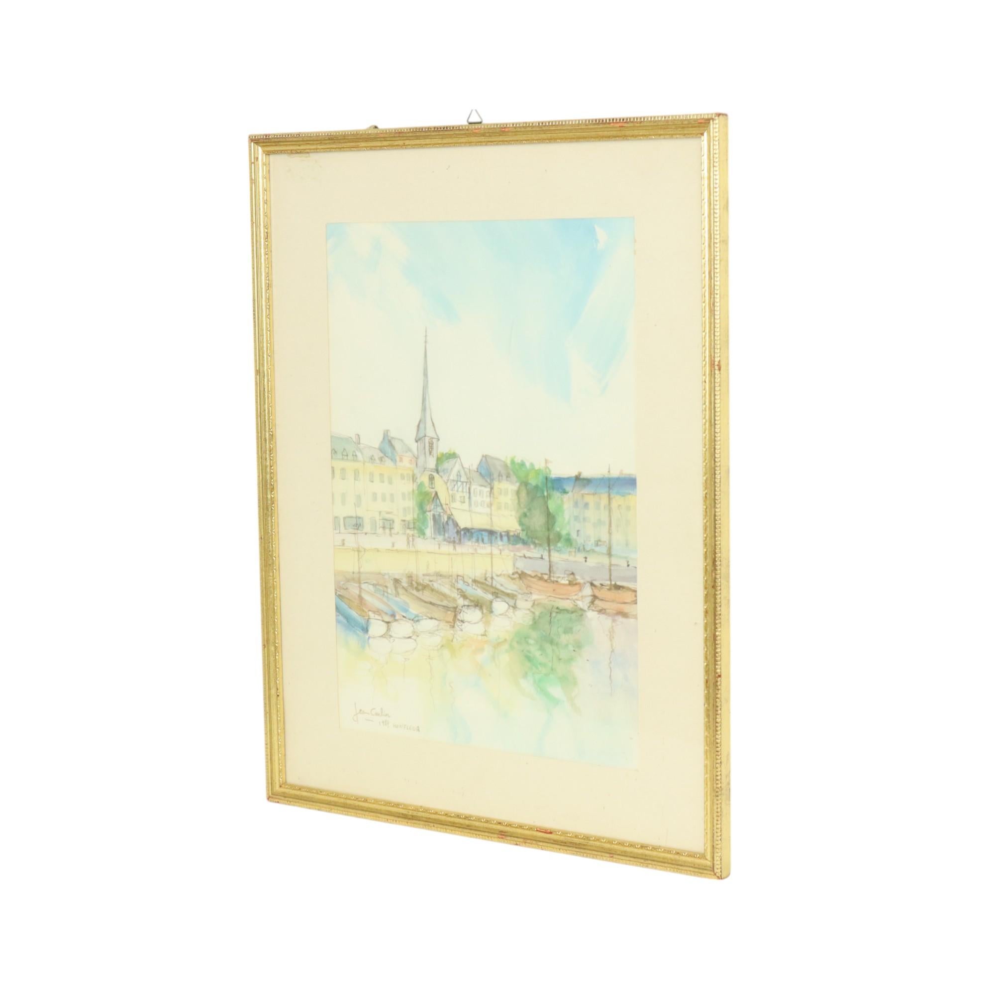 Charmante peinture à l'aquarelle Carlier 1989 Honfleur France en vente 1