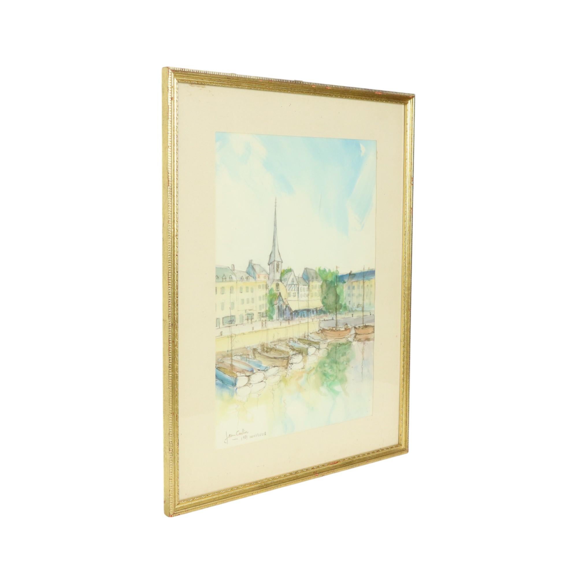 Charmante peinture à l'aquarelle Carlier 1989 Honfleur France en vente 2