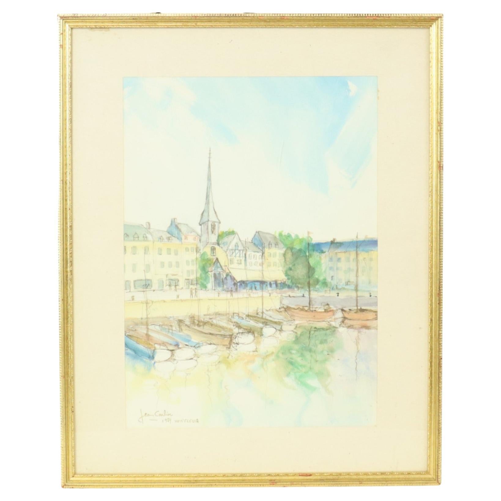Charming Painting Watercolor Carlier 1989 Honfleur France