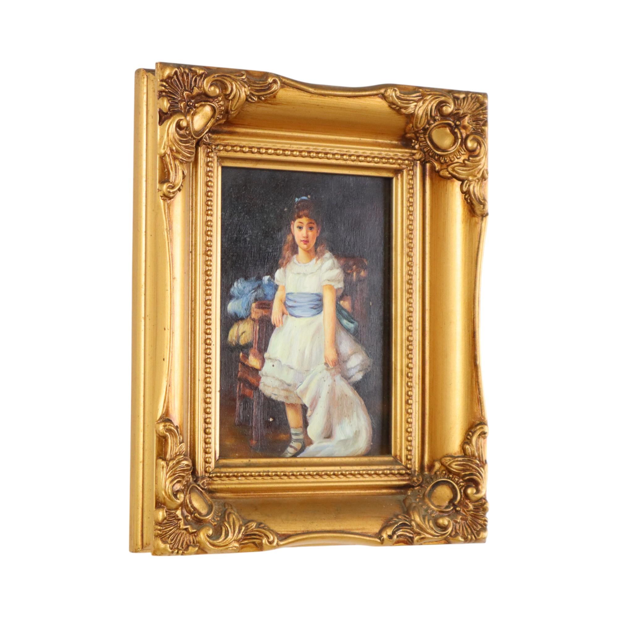 Charmant petit tableau encadré dans un cadre en bois doré de style baroque, huile sur panneau de bois, représentant Lady Sybil Primrose enfant, une reproduction peinte à la main d'après une œuvre originale de Frederic Leighton (1830 - 1896), marquée
