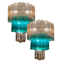 Charming Pair Emerald and Gold Italian Chandelier by Valentina Planta. Murano