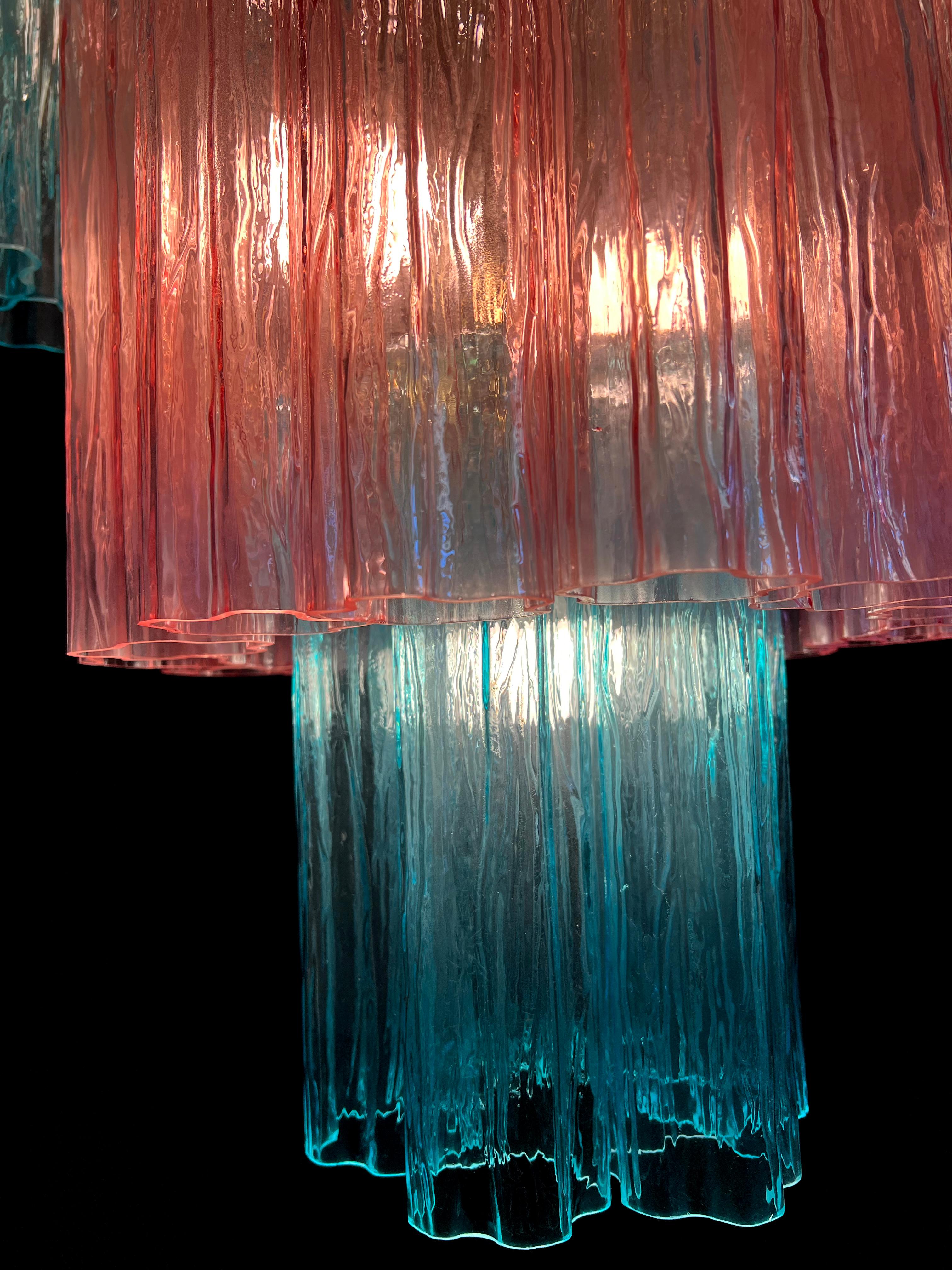 Charming Pair Italian Pink an Blue Chandeliers by Valentina Planta, Murano For Sale 7