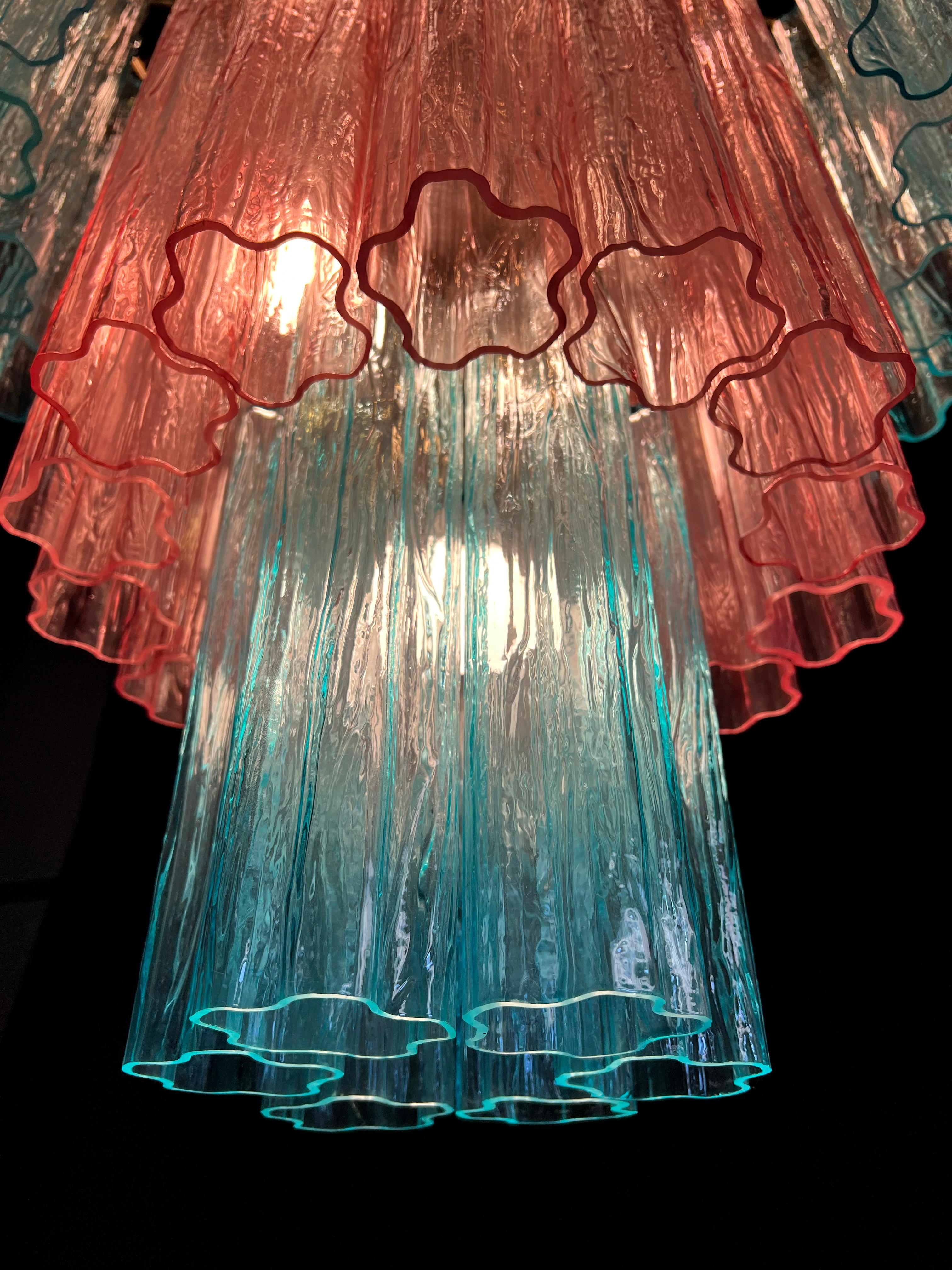 Charming Pair Italian Pink an Blue Chandeliers by Valentina Planta, Murano For Sale 3