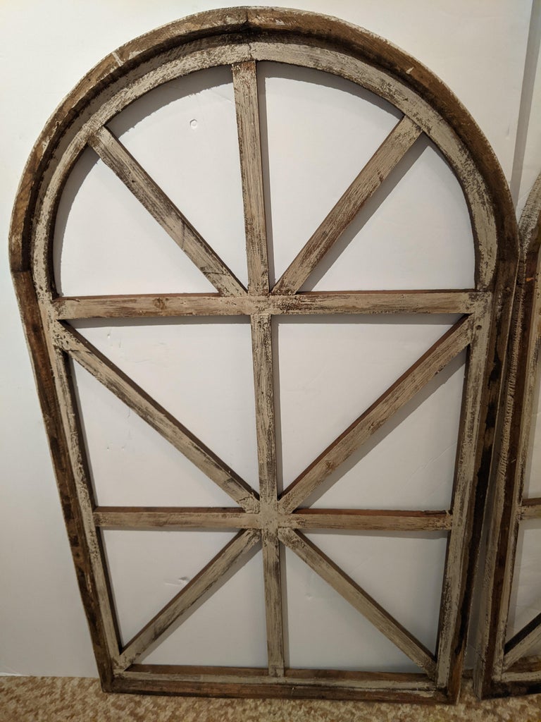 Charming Pair of Arched Architectural Distressed Wood Window Frames For