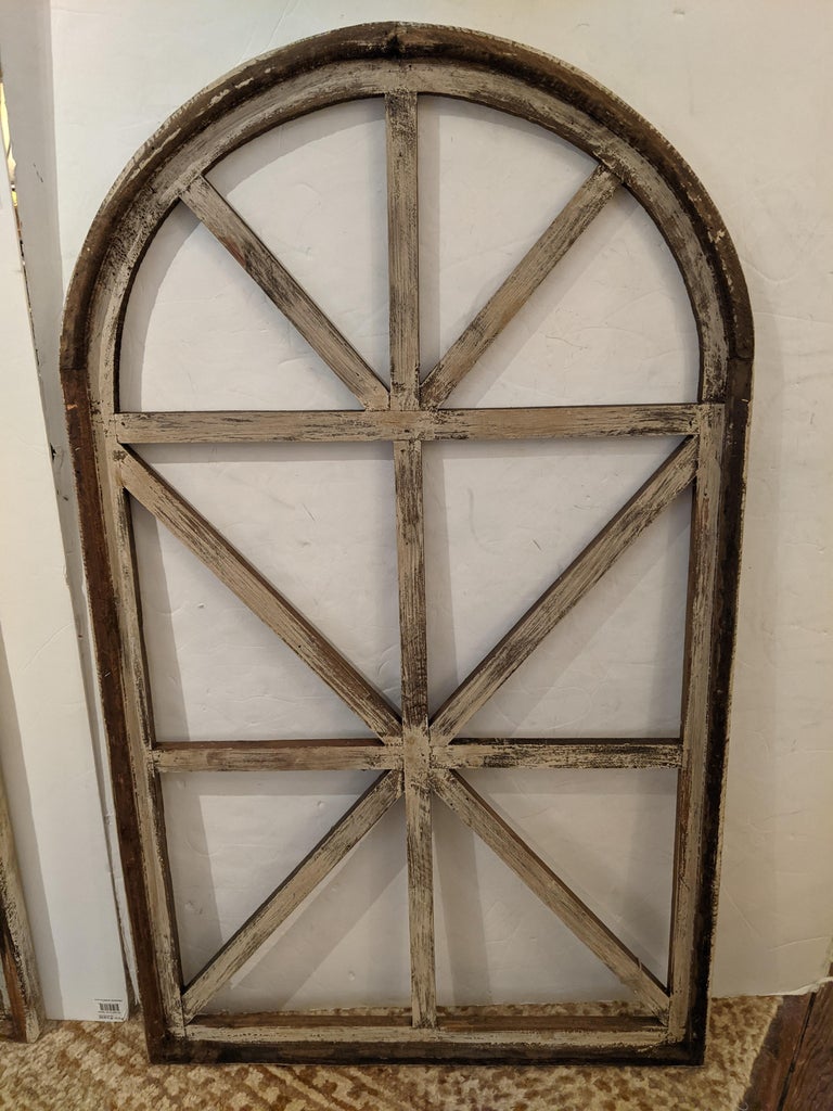 Charming Pair of Arched Architectural Distressed Wood Window Frames For