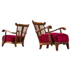 Sculpted French Pair of Armchairs in Oak and Burgundy Velvet Upholstery