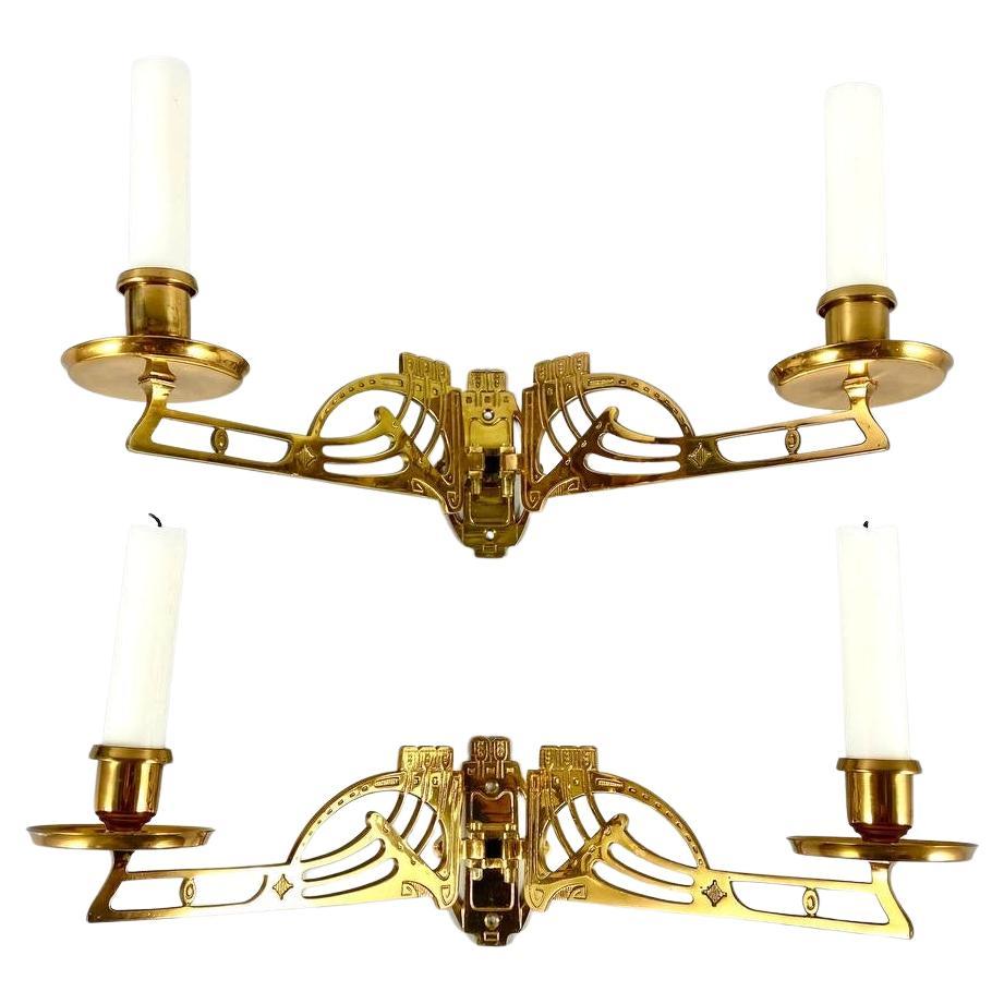 Charming Pair of Art Nouveau Style Piano Candelabra Vintage Brass Candlesticks