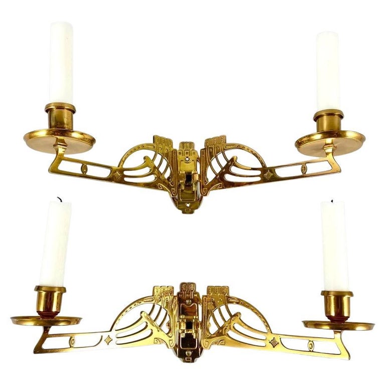 Charming Pair of Art Nouveau Style Piano Candelabra Vintage Brass