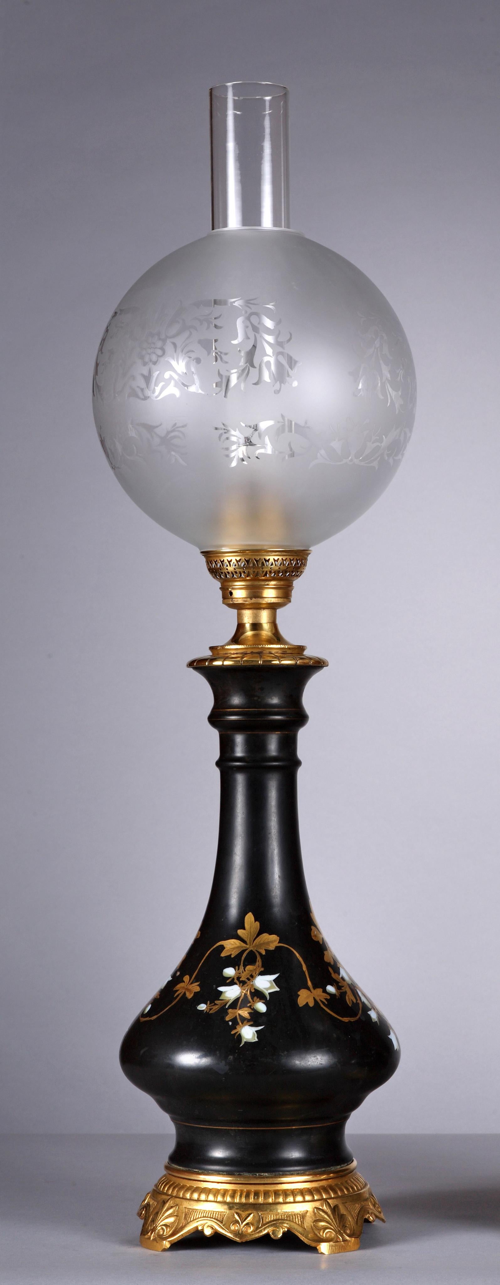 French Charming Pair of Black Porcelain Lamps