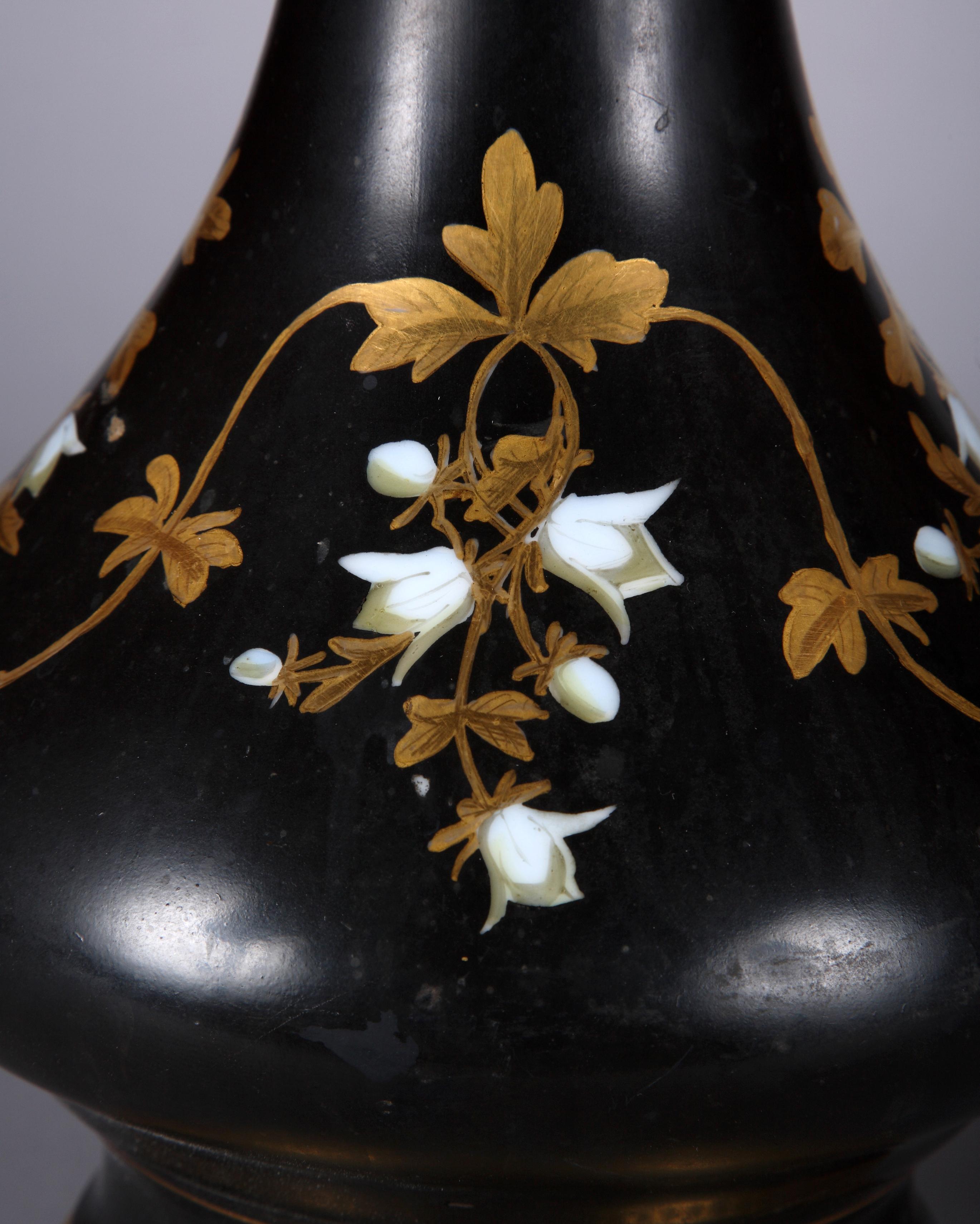 Gilt Charming Pair of Black Porcelain Lamps