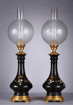 Charming Pair of Black Porcelain Lamps