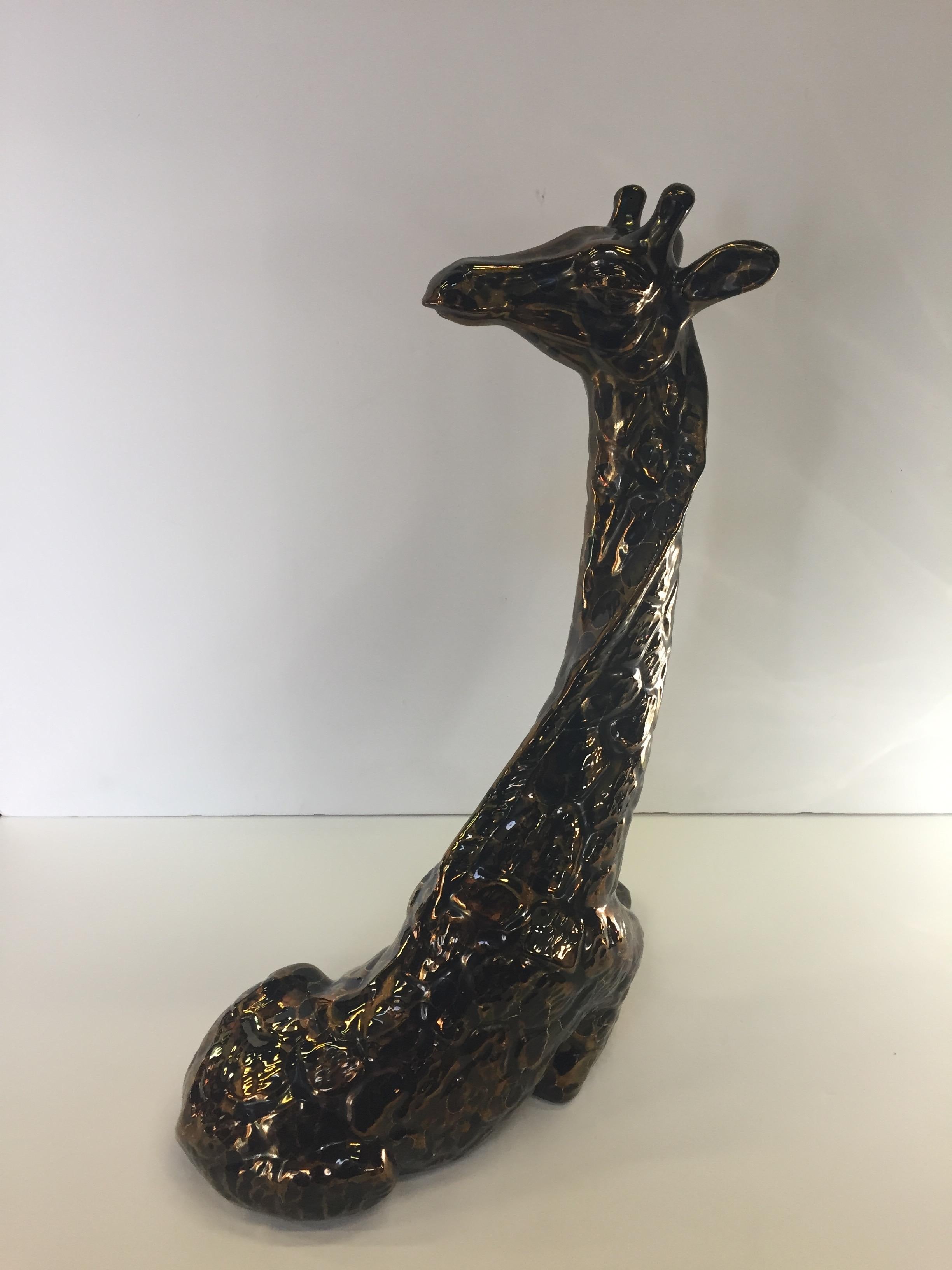 Late 20th Century Charming Pair of Ceramic Metallic Giraffe Sculptures