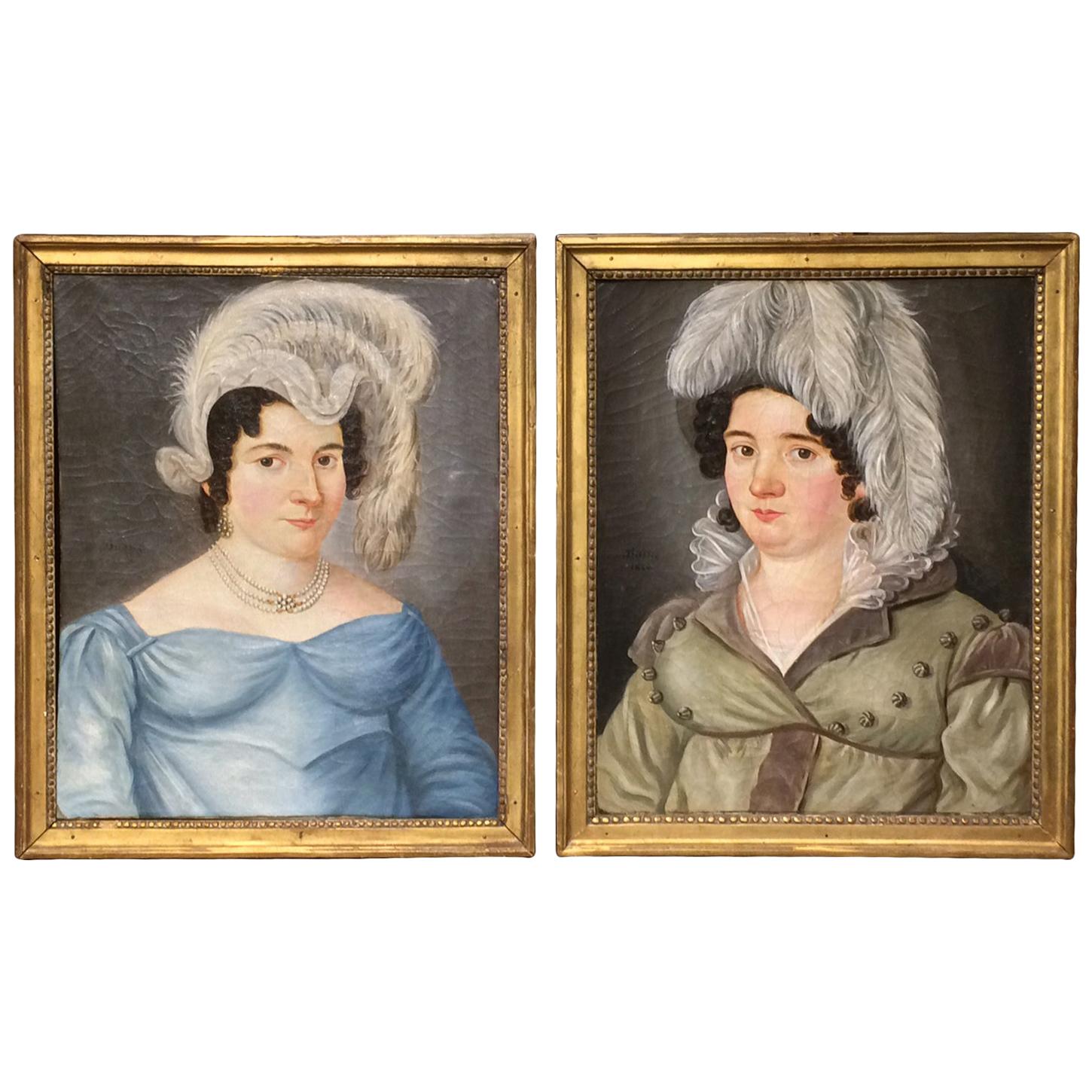 Charming Pair of Early 19th Century Portraits of Two Fashionable Sisters