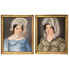 Charming Pair of Early 19th Century Portraits of Two Fashionable Sisters