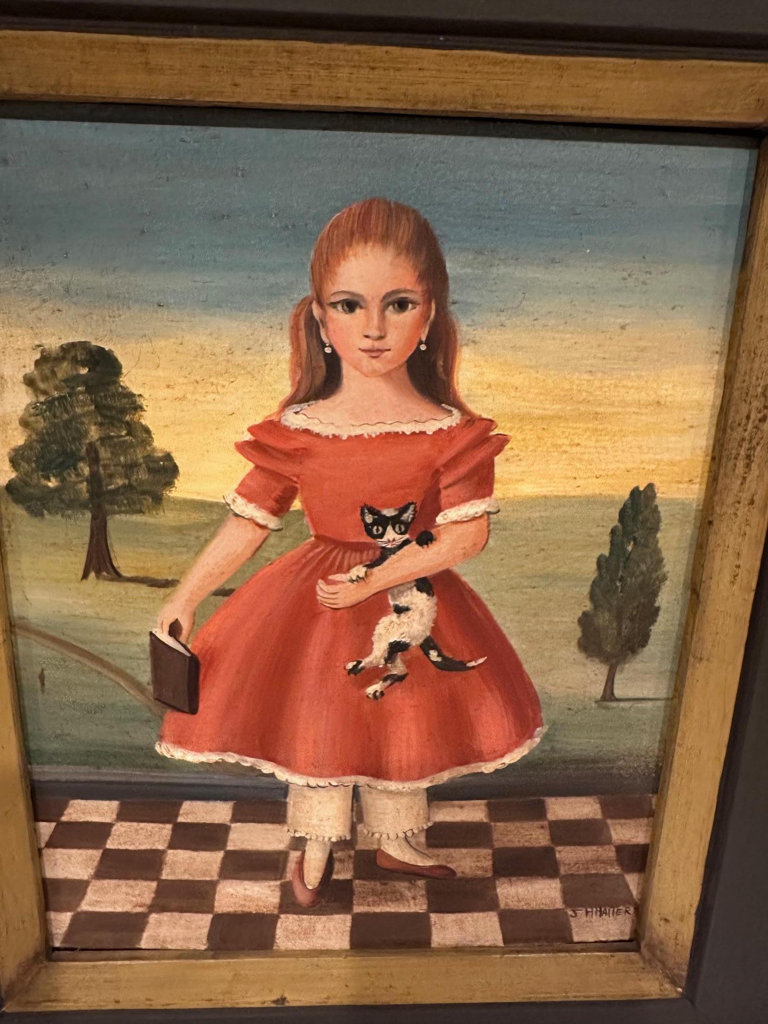 Charming Pair of Folk Art Portraits of a Boy & Girl by Jean Halter In Good Condition In Hopewell, NJ