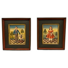 Charming Pair of Folk Art Portraits of a Boy & Girl by Jean Halter
