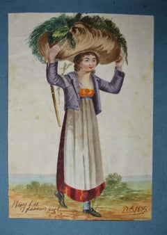 Charming  Pair of Folk Art Watercolor Paintings Farmers Boy Girl, 1835
