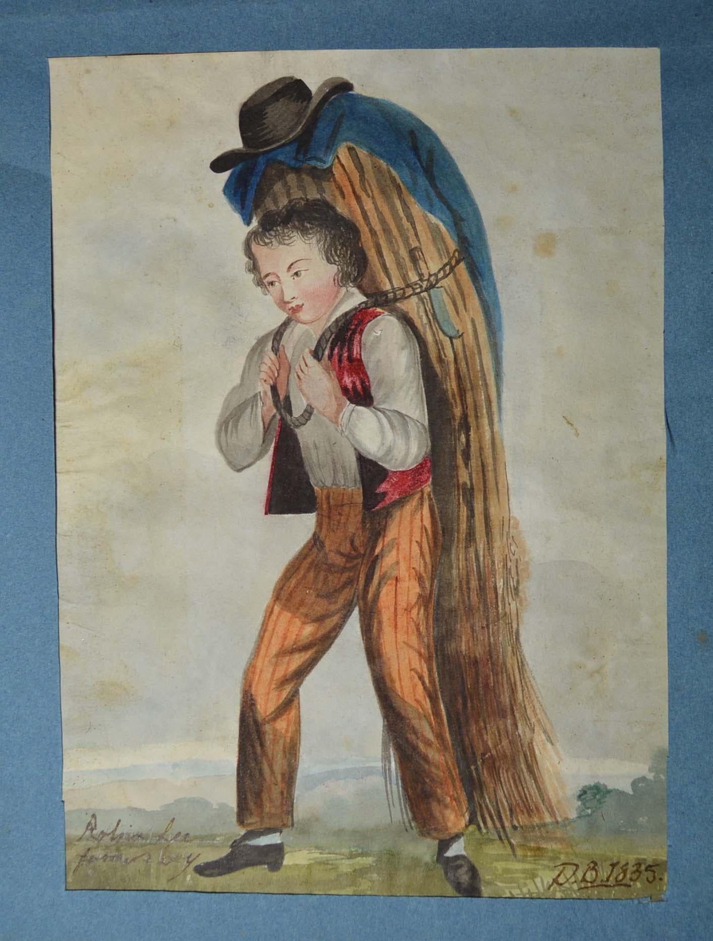 English Charming  Pair of Folk Art Watercolor Paintings Farmers Boy Girl, 1835 For Sale