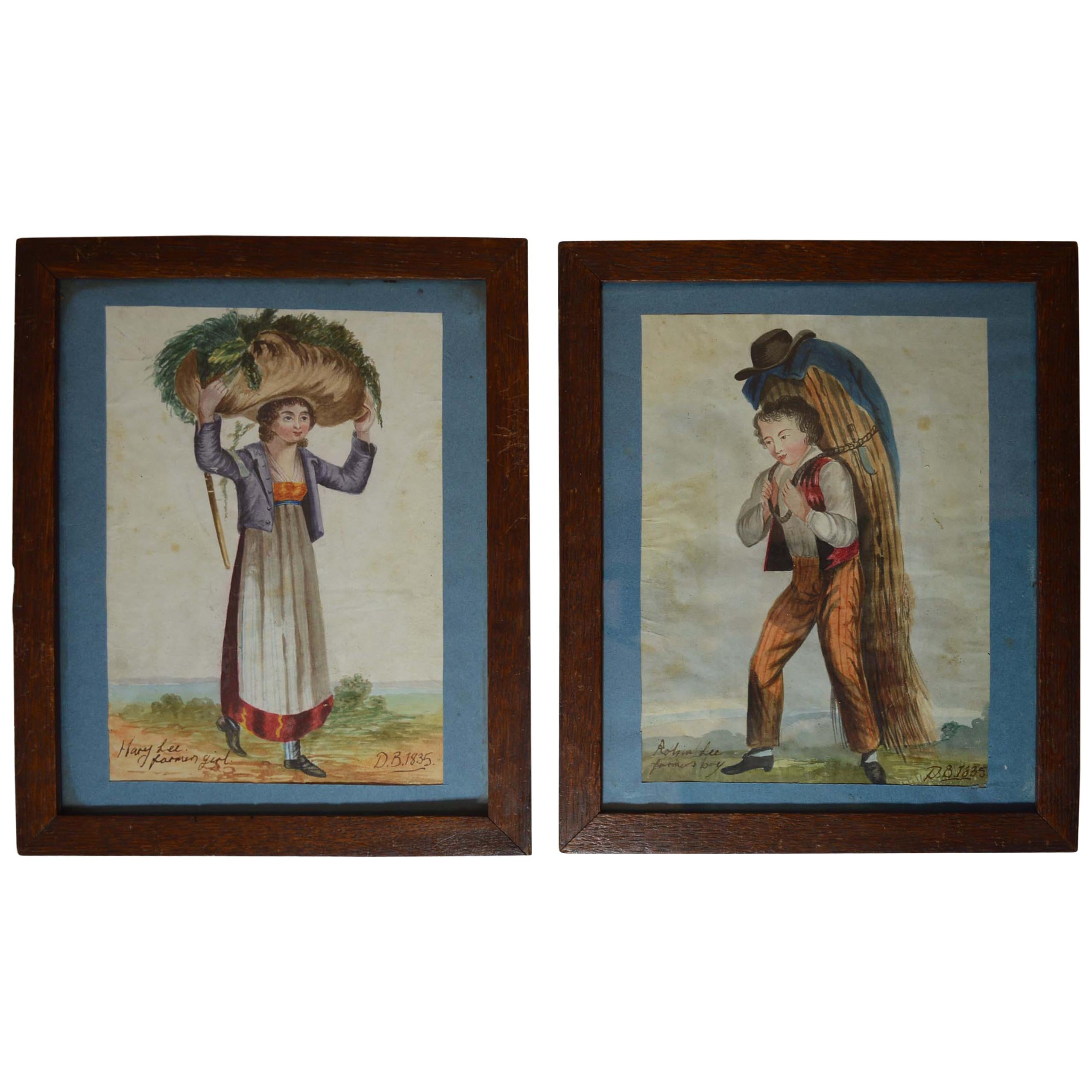 Charming  Pair of Folk Art Watercolor Paintings Farmers Boy Girl, 1835 For Sale