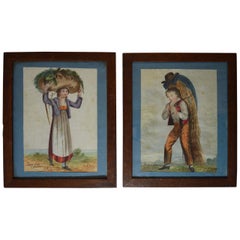 Charming  Pair of Folk Art Watercolor Paintings Farmers Boy Girl, 1835