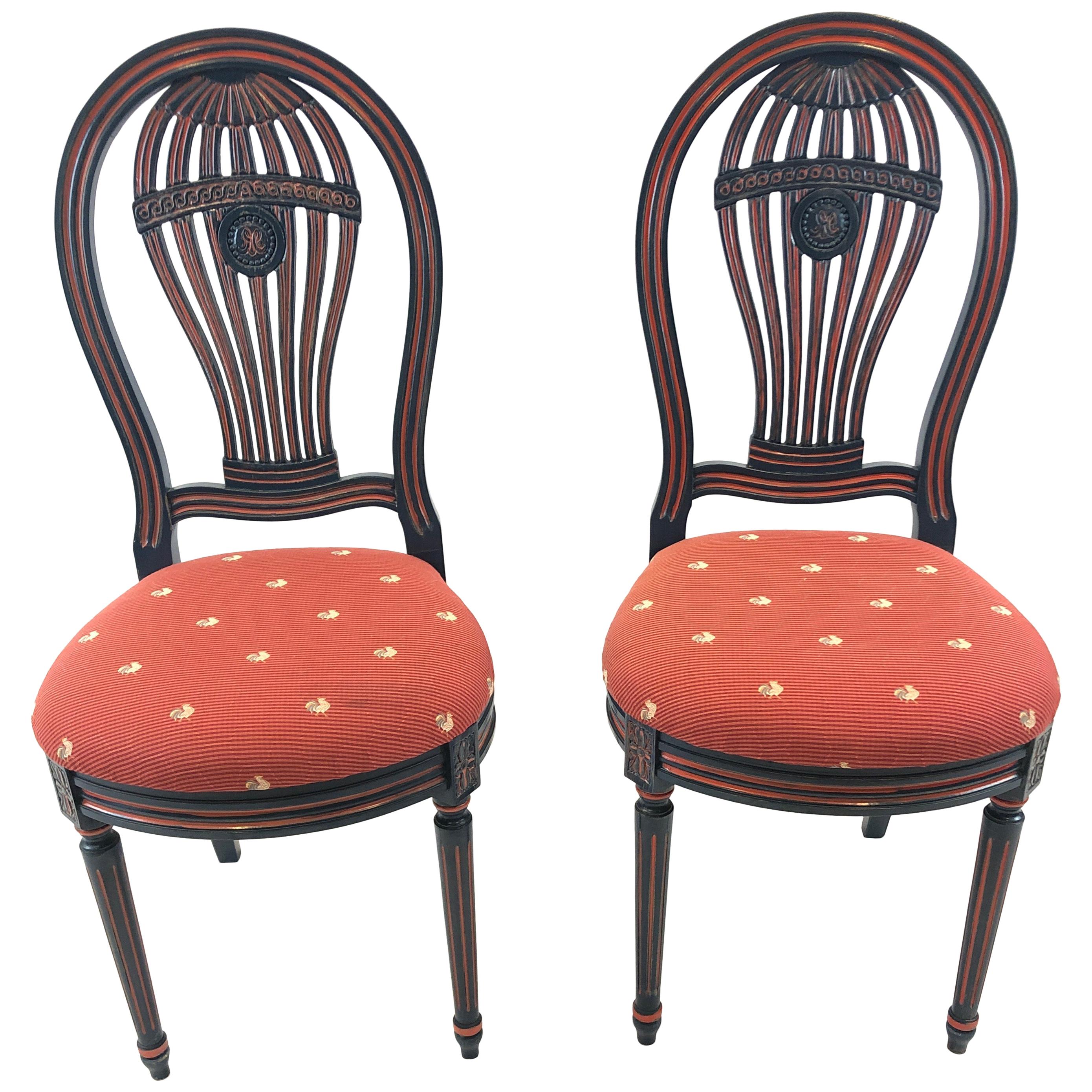 Charming Pair of French Balloon Back Carved Wood and Painted Side Chairs
