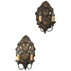 Charming Pair of French Pressed Brass Silver Sconce in Sunflower Design