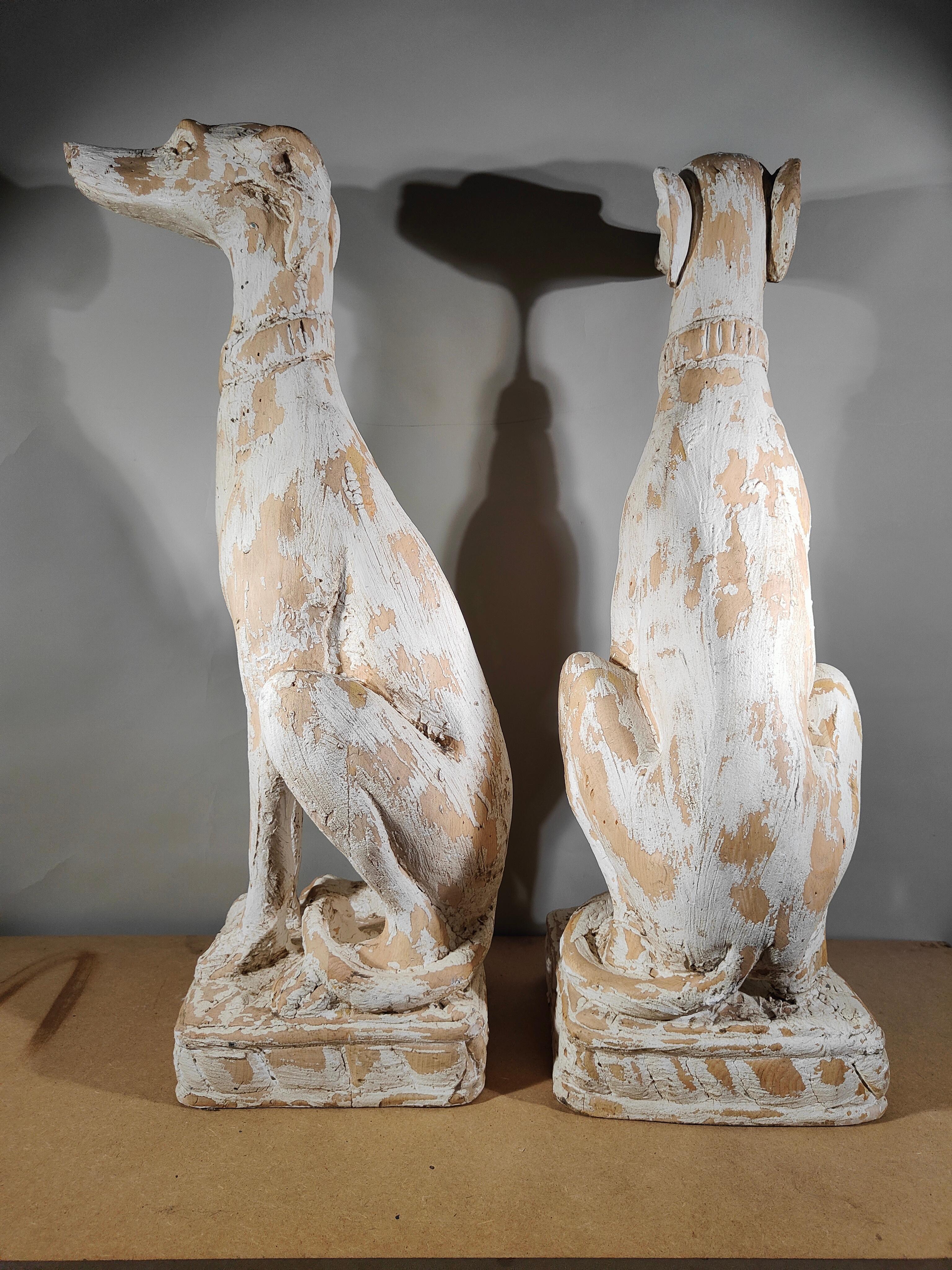 Charming Pair of Italian Greyhounds: Decorative Solid Wood Carved Statues For Sale 6