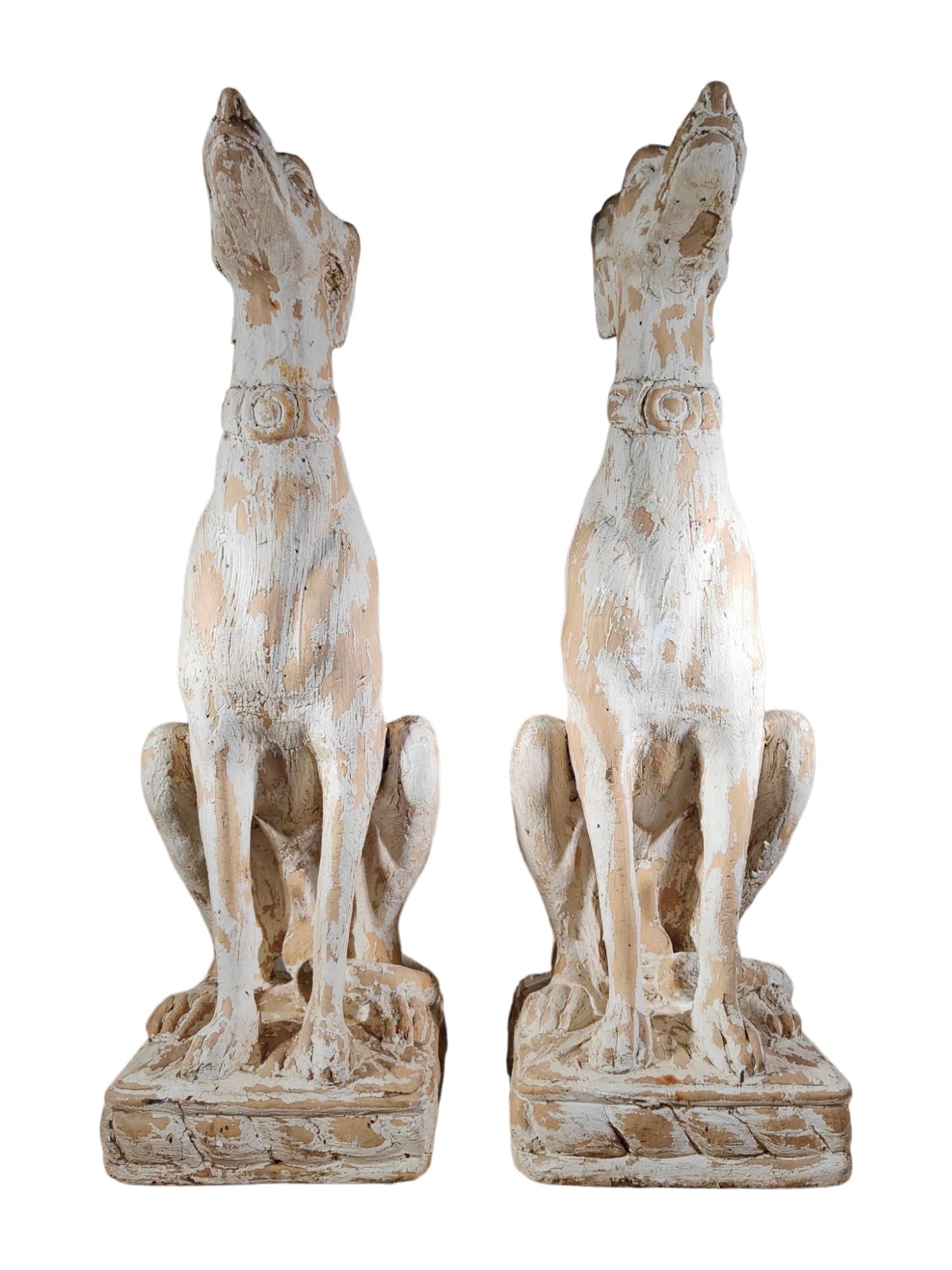 Charming Pair of Italian Greyhounds: Decorative Solid Wood Carved Statues In Good Condition For Sale In Madrid, ES