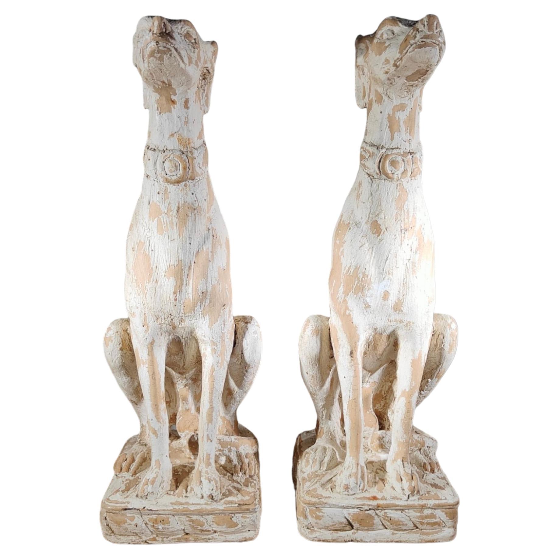 Charming Pair of Italian Greyhounds: Decorative Solid Wood Carved Statues For Sale