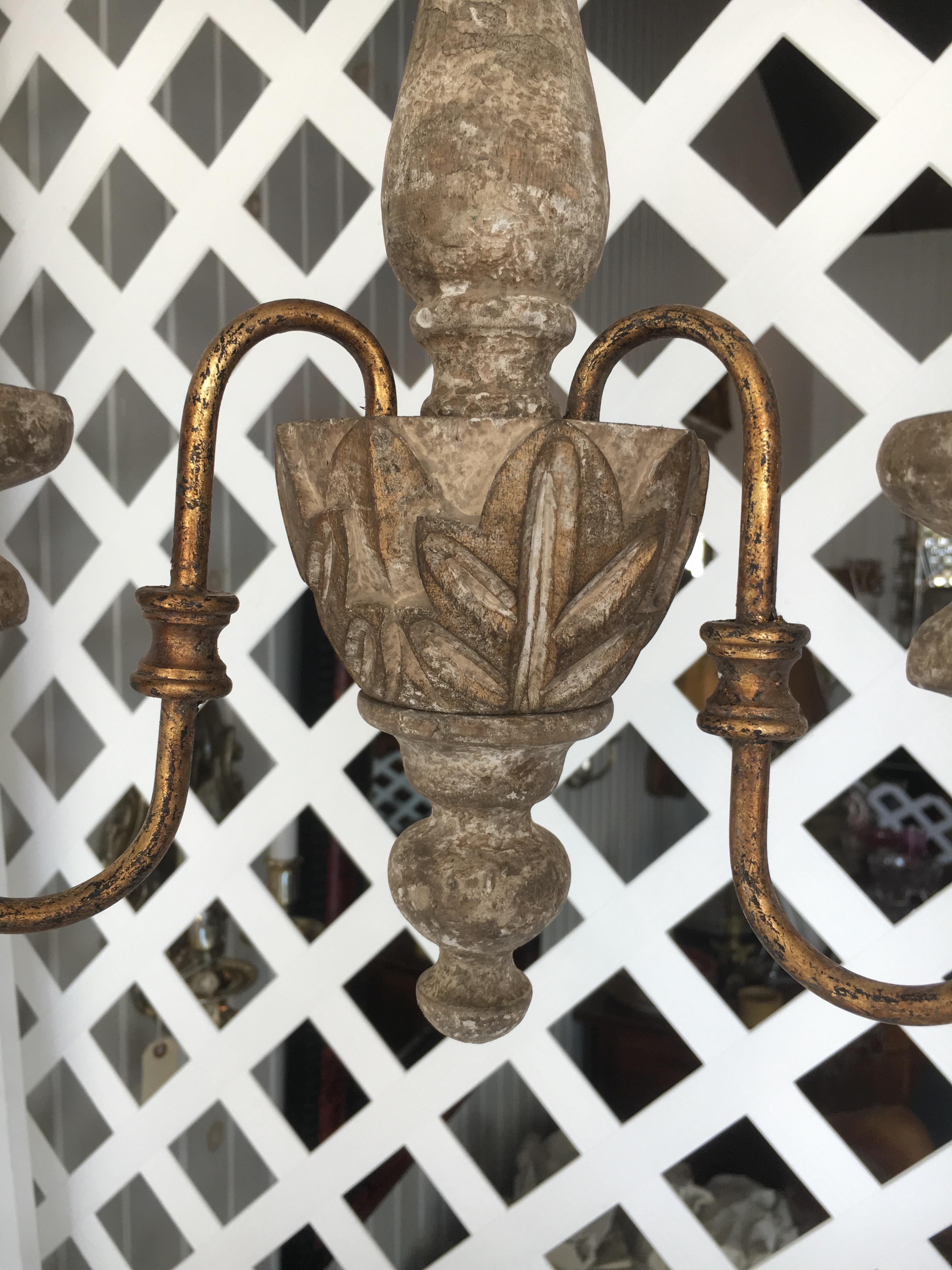 Charming pair of Italian style three-arm chandelier, great worn patina, priced per chandelier, have four available, comes with chain and canopy, newly wired so ready for installation.