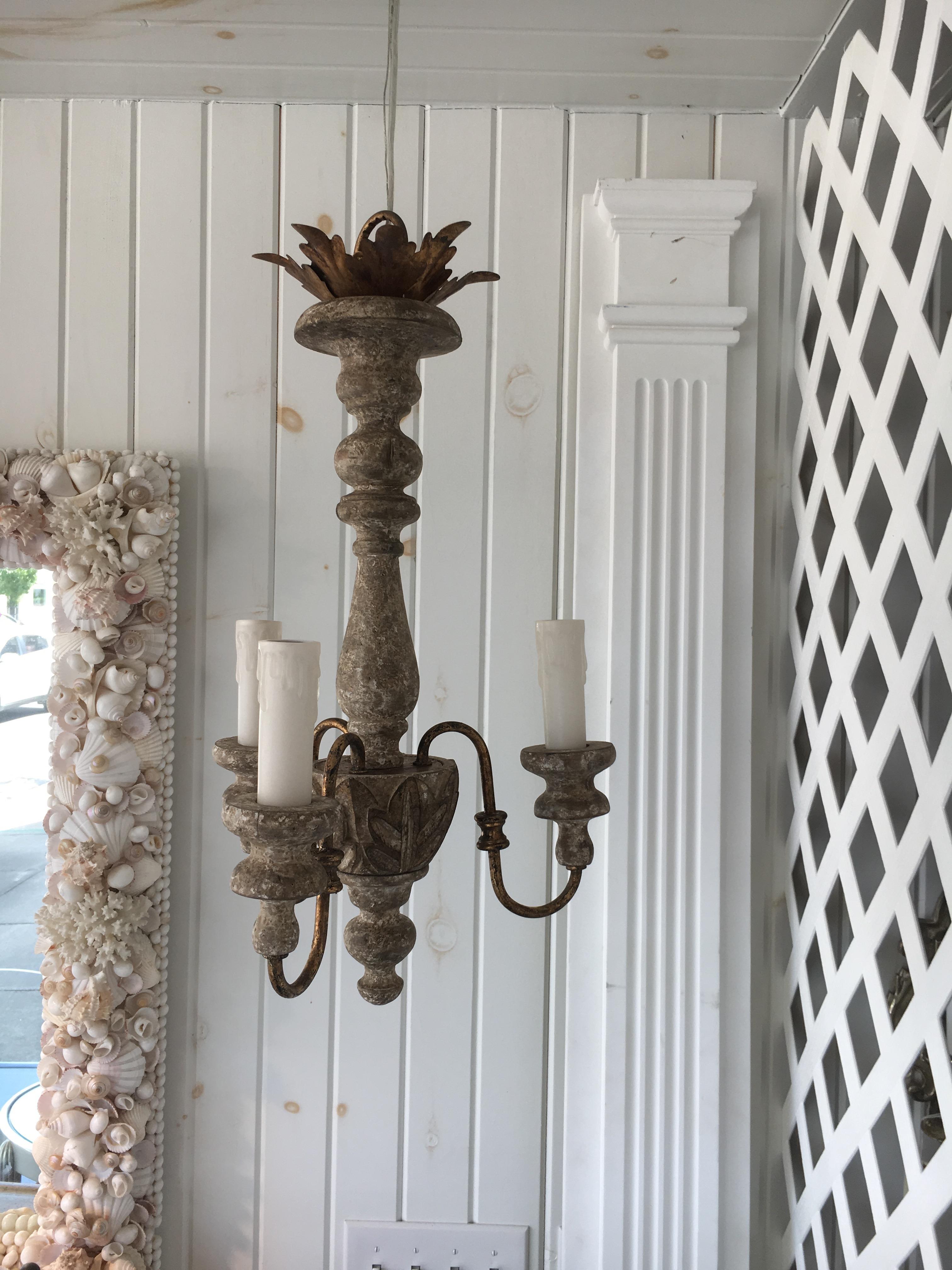 Contemporary Charming Pair of Italian Style Three-Arm Chandelier, Great Worn Patina Priced ea For Sale