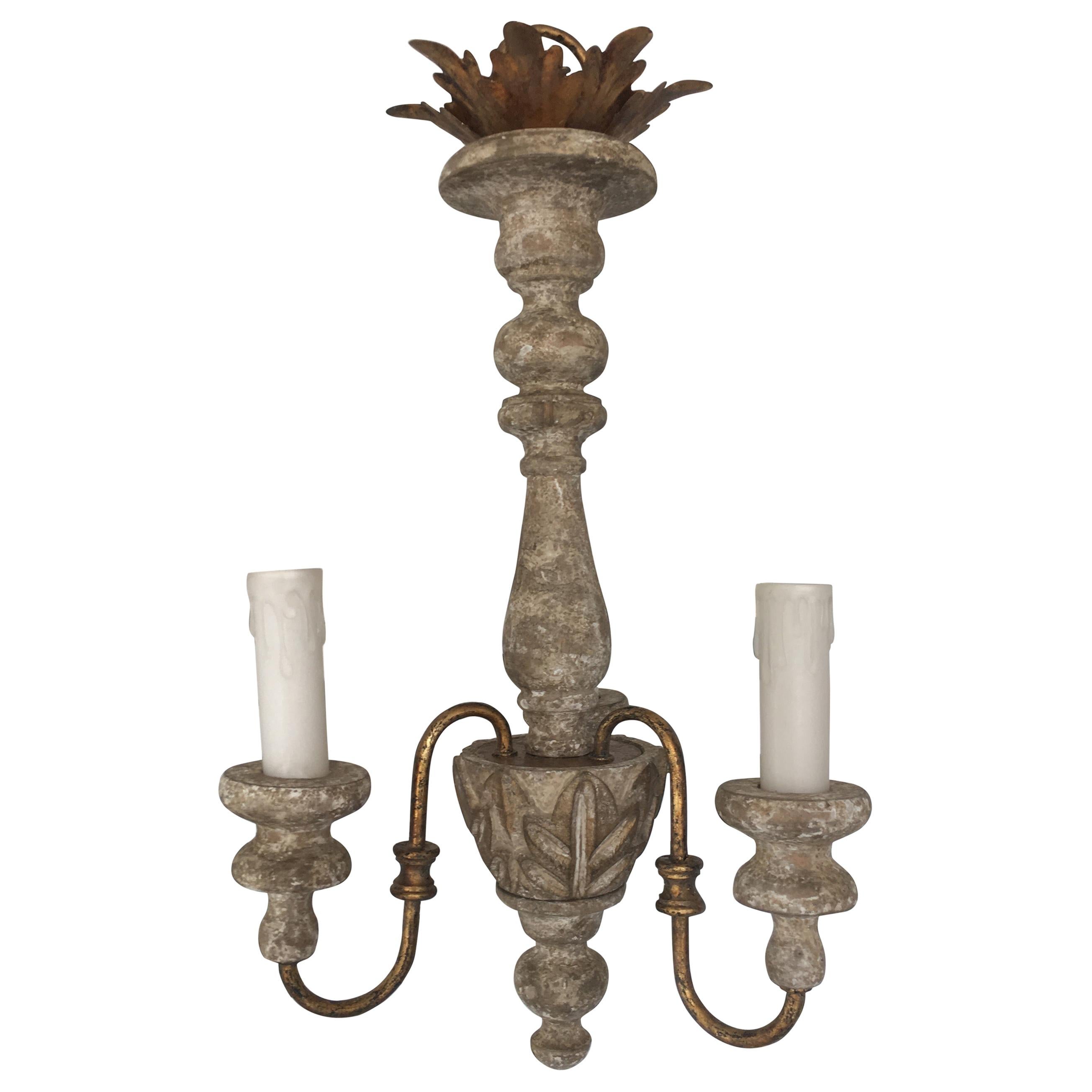 Charming Pair of Italian Style Three-Arm Chandelier, Great Worn Patina Priced ea For Sale