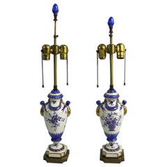 Antique Charming Pair of Majolica Pottery Table Lamps in Blue and White with Gold Trim