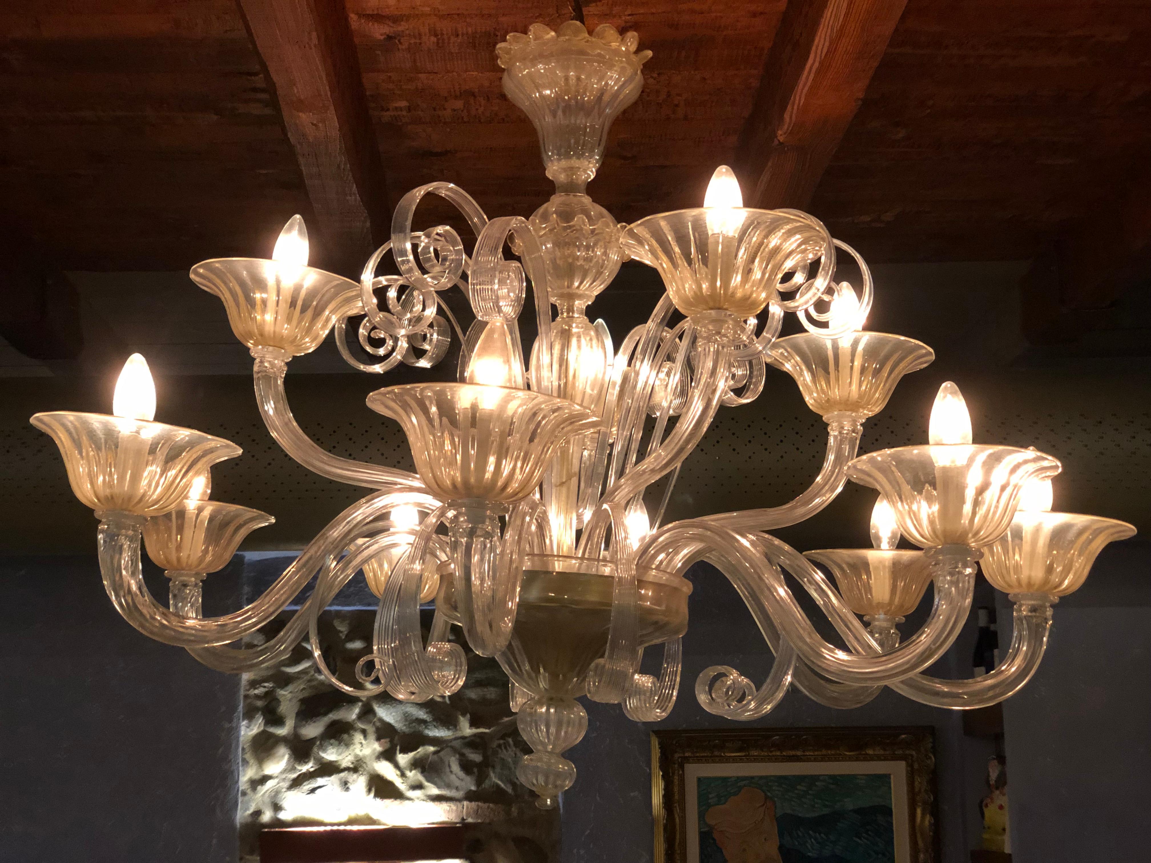 Charming Pair of Murano Chandeliers by Seguso, 12 Arms, Murano, 1980s 5