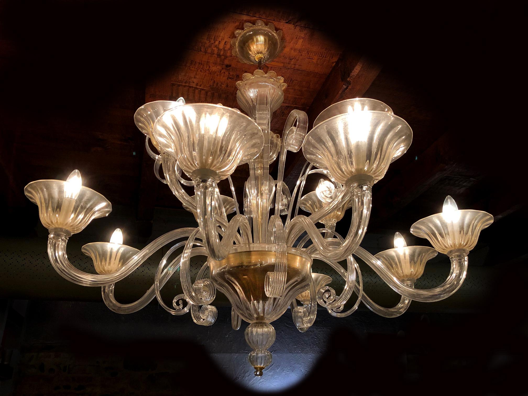 Italian Charming Pair of Murano Chandeliers by Seguso, 12 Arms, Murano, 1980s
