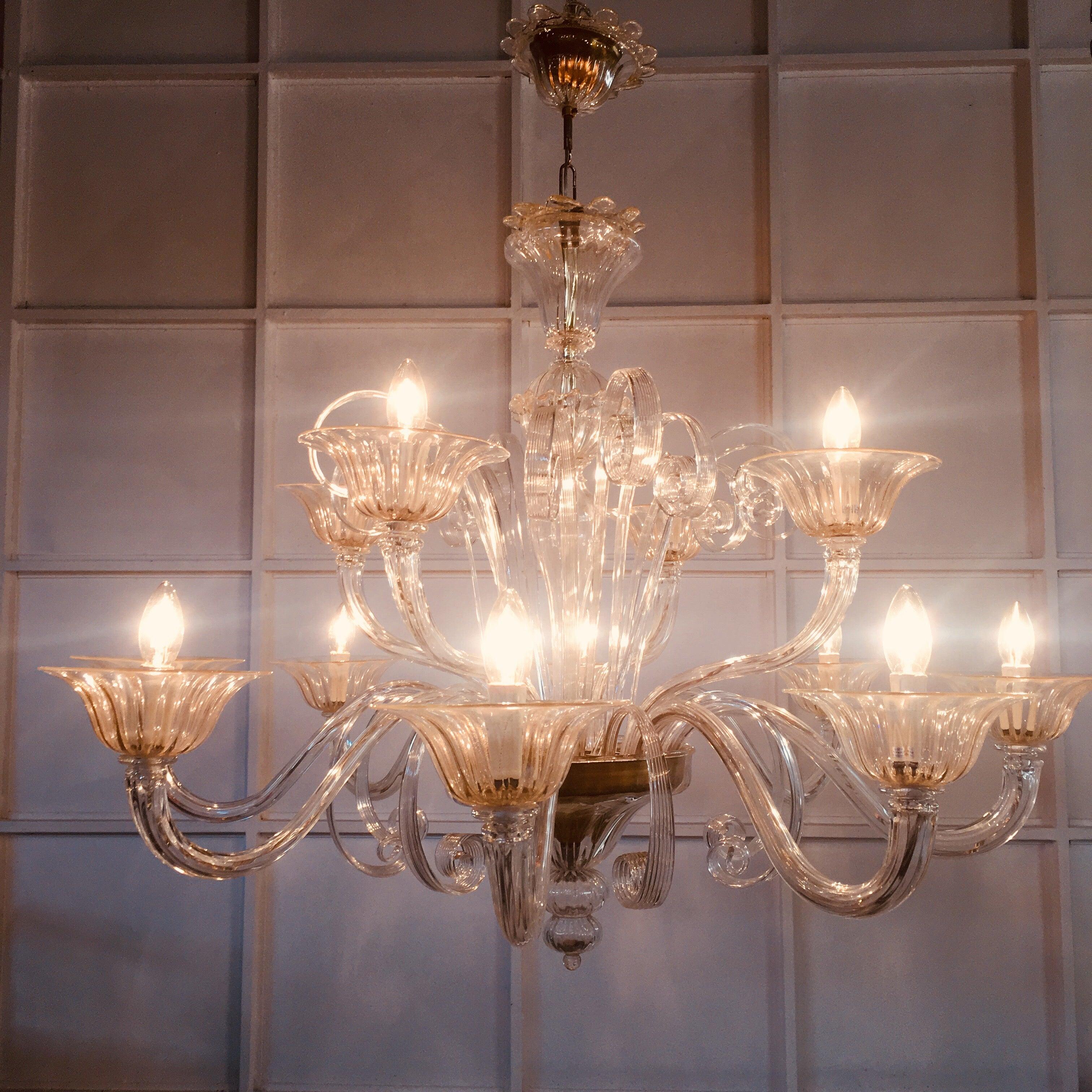 Extraordinary pair of Murano chandeliers created by the historic Vetreria Seguso.