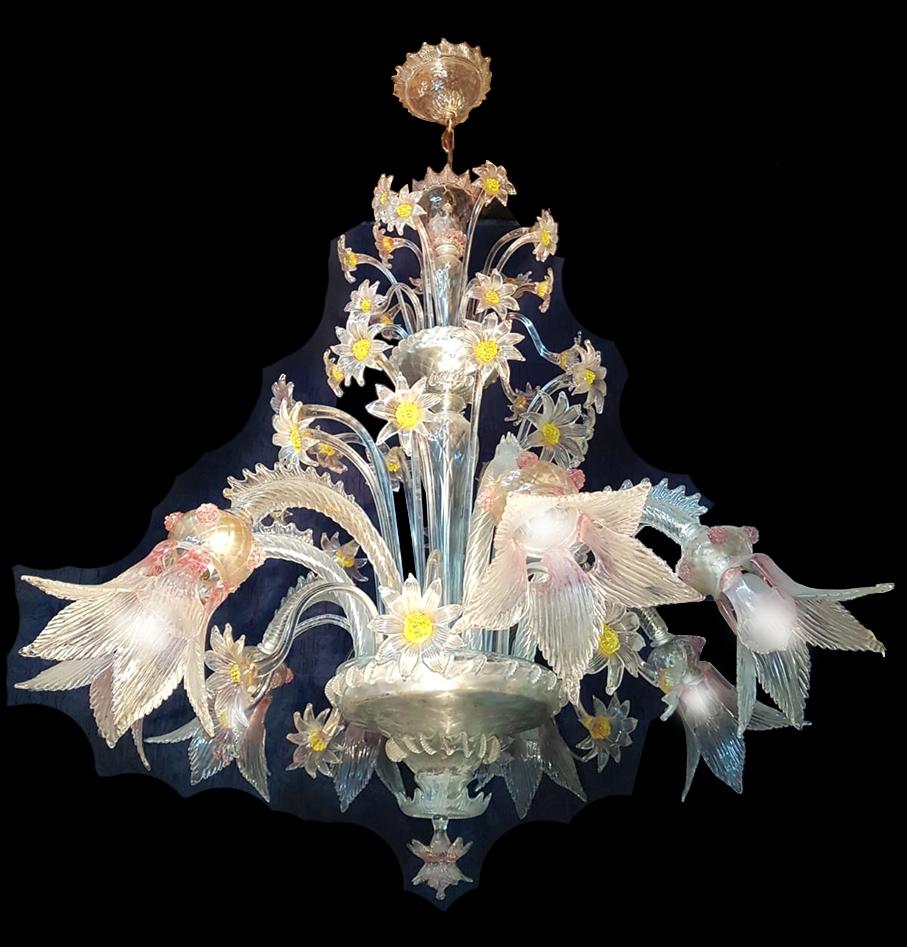 Italian Charming Pair of Murano Chandeliers by Seguso, 8 Arms, Murano, 1950s
