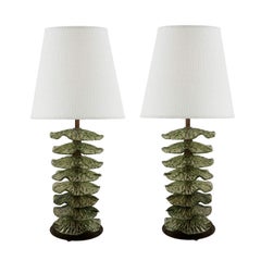 Charming Pair of Murano Glass Leaf and Brass Table Lamps