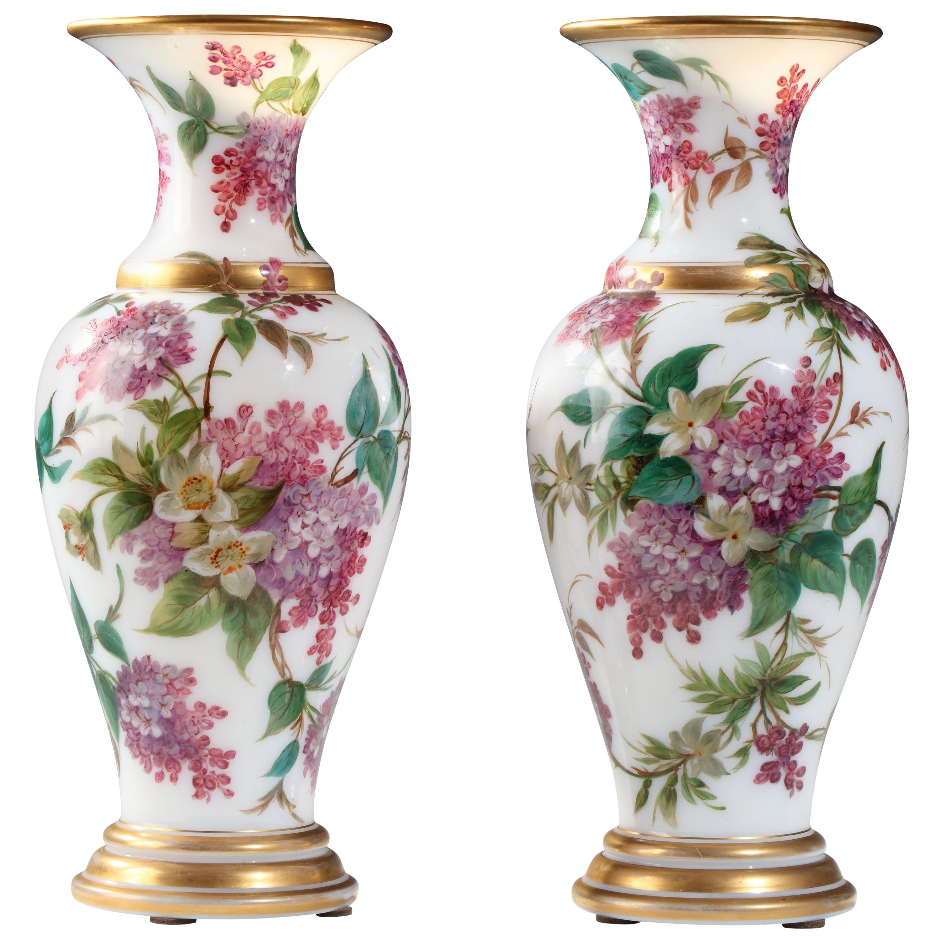 Charming Pair of Opal Crystal Vase Attributed to Baccarat, France, Circa 1860