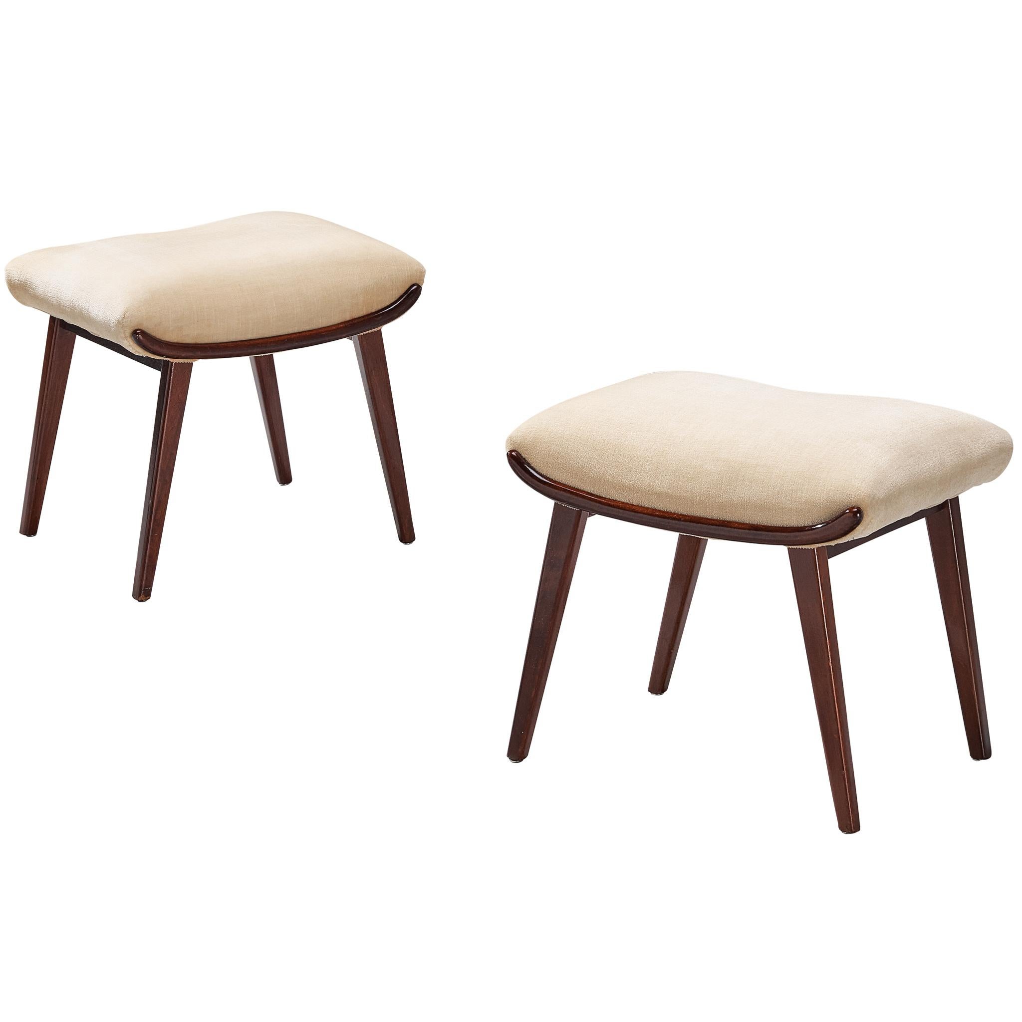 Charming Pair of Ottomans or Stools in Wood and Beige Upholstery 