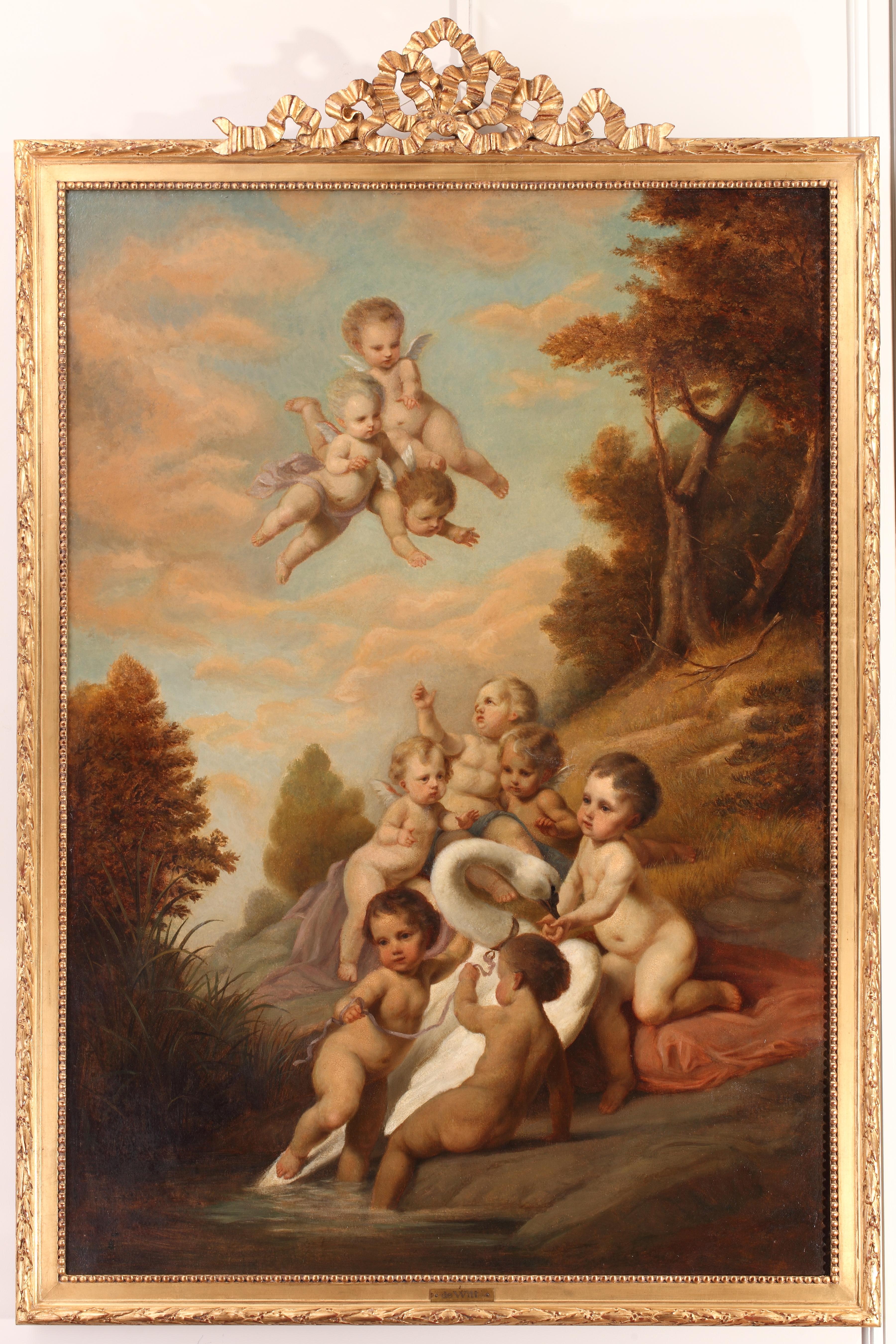 Pair of paintings inspired by the famous decorative repertoire of Jacob de Wit grisailles (1695-1754) in which playing putti are depicted in the centre of idyllic compositions.

Related work :
Jacob de Witt (1695-1754), “Allegory of four seasons
