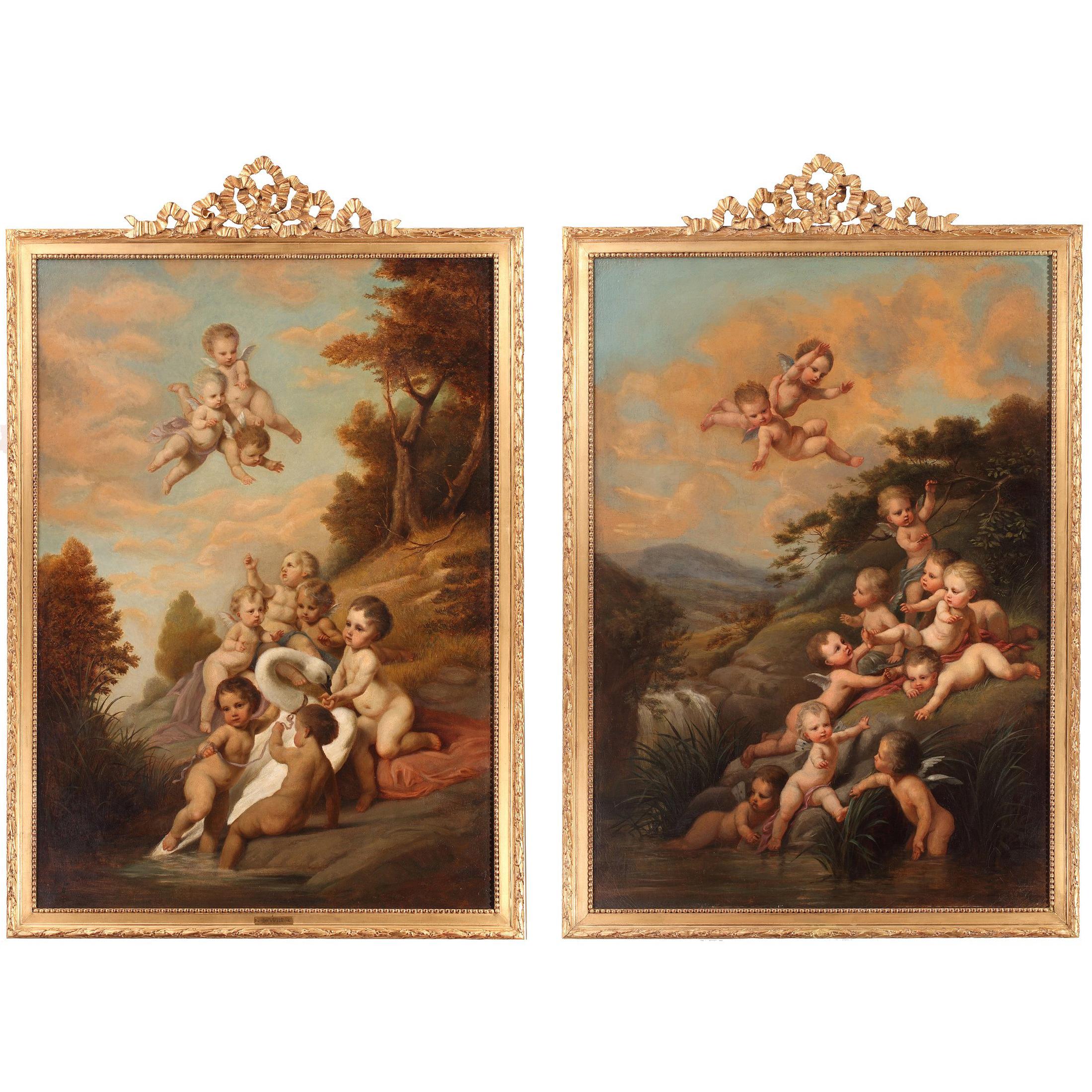 Charming Pair of Paintings "Putti Playing in a River" after Jacob de Wit