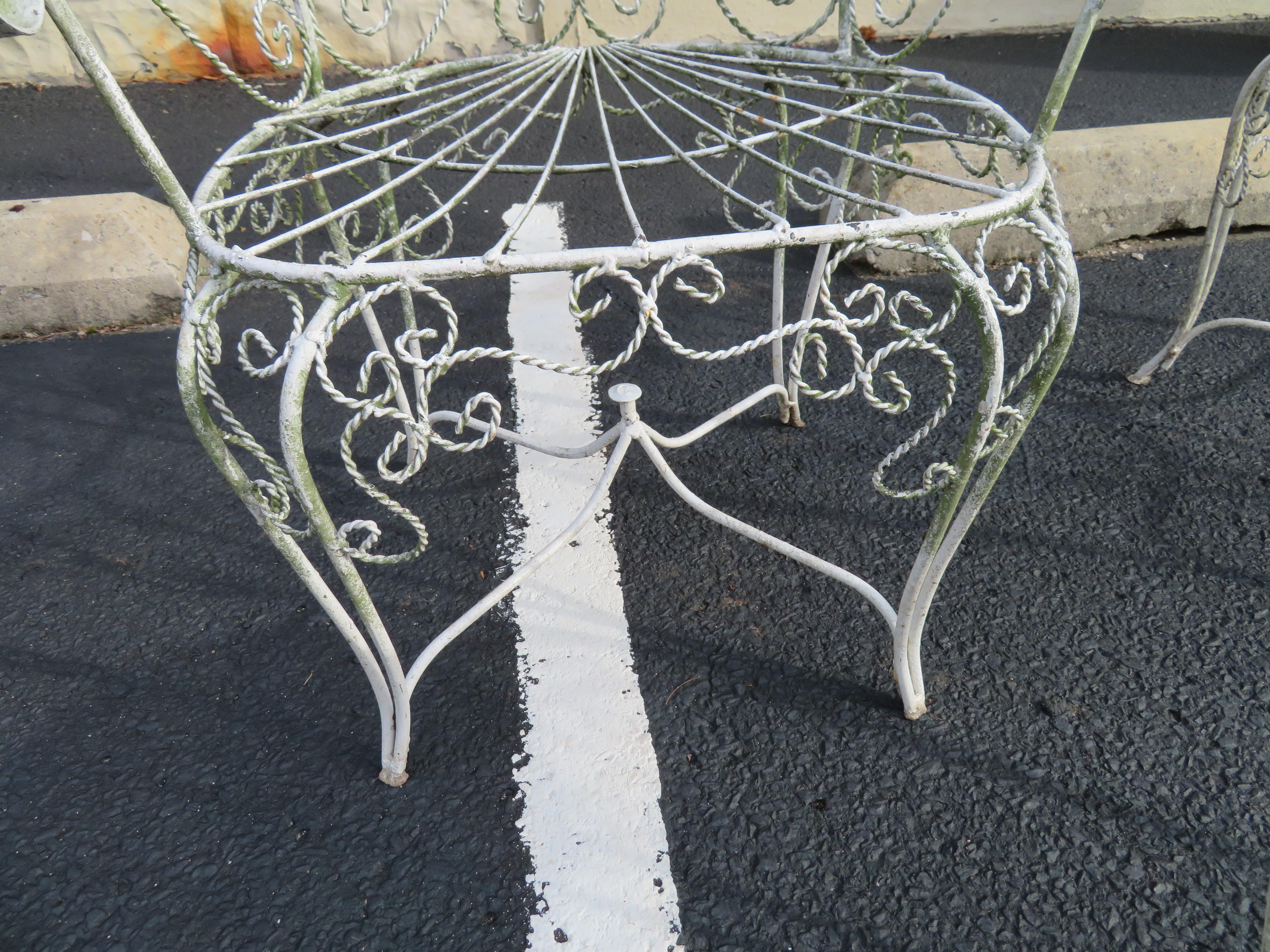 Victorian Charming Pair of Salterini Peacock Fan Back Patio Chairs Table