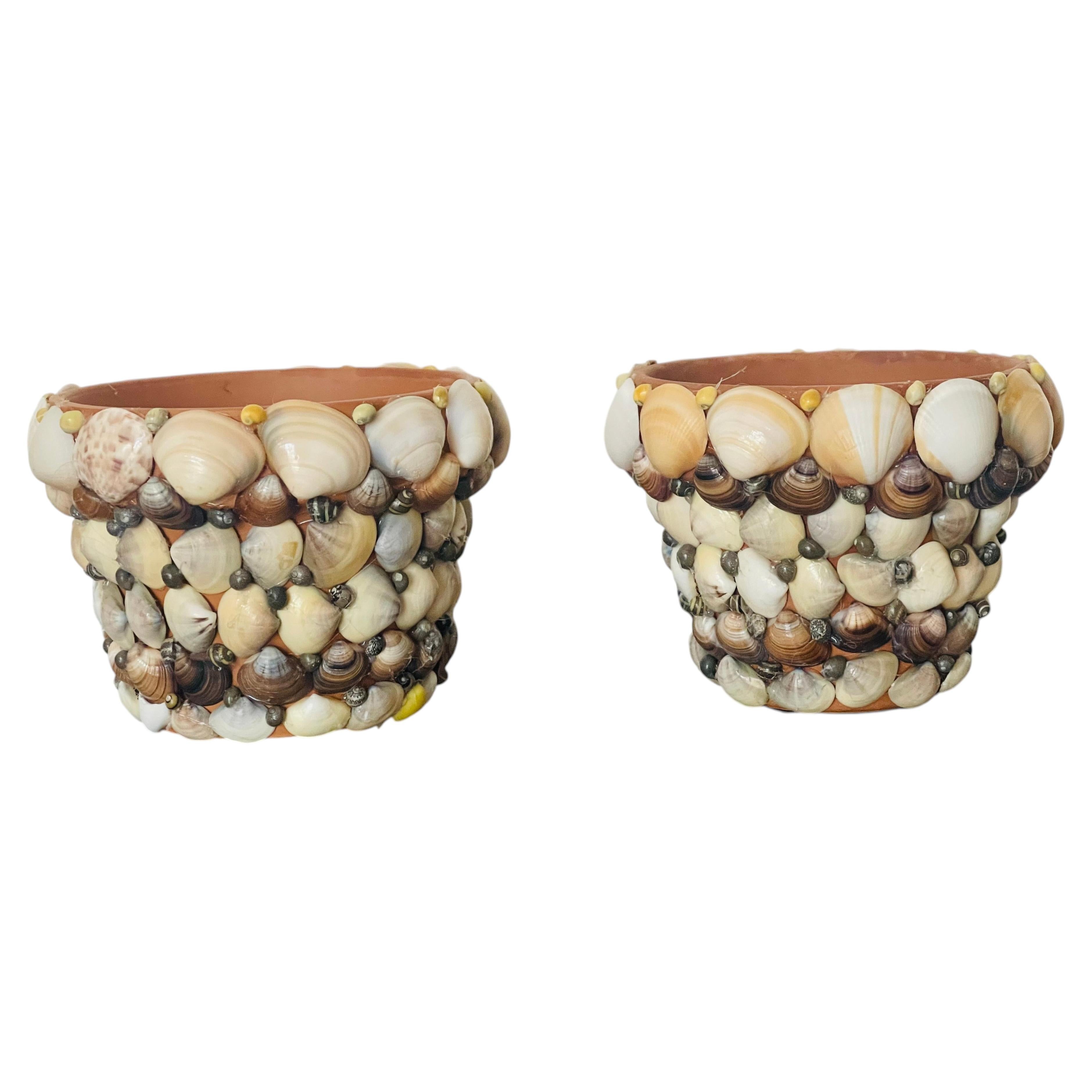 Charming Pair of Small Sea Shell Encrusted Pots /Planters