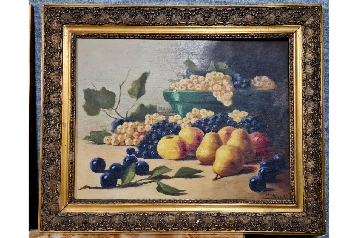 Charming Pair of Still Life Oil Paintings on Canvas by J. Chatelin, 20th C -1X27 For Sale 3