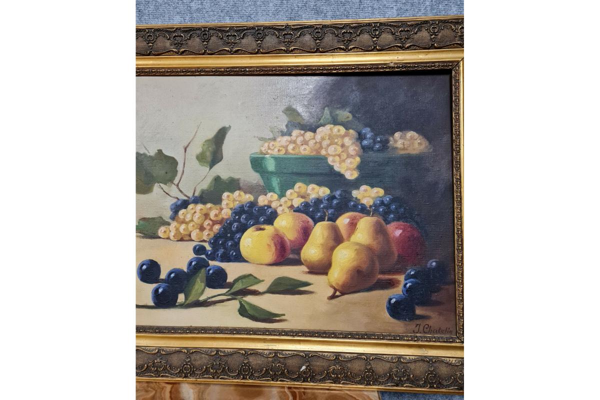 Charming Pair of Still Life Oil Paintings on Canvas by J. Chatelin, 20th C -1X27 For Sale 5